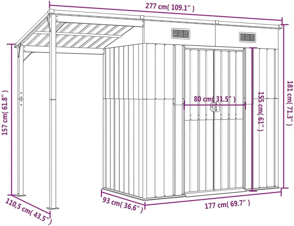 Abri de Jardin avec Toit prolongé Gris Clair 277x110,5x181 cm,Abris De Jardin,Abri De Stockage pour Jardin,Abri D'Outils De Jardin