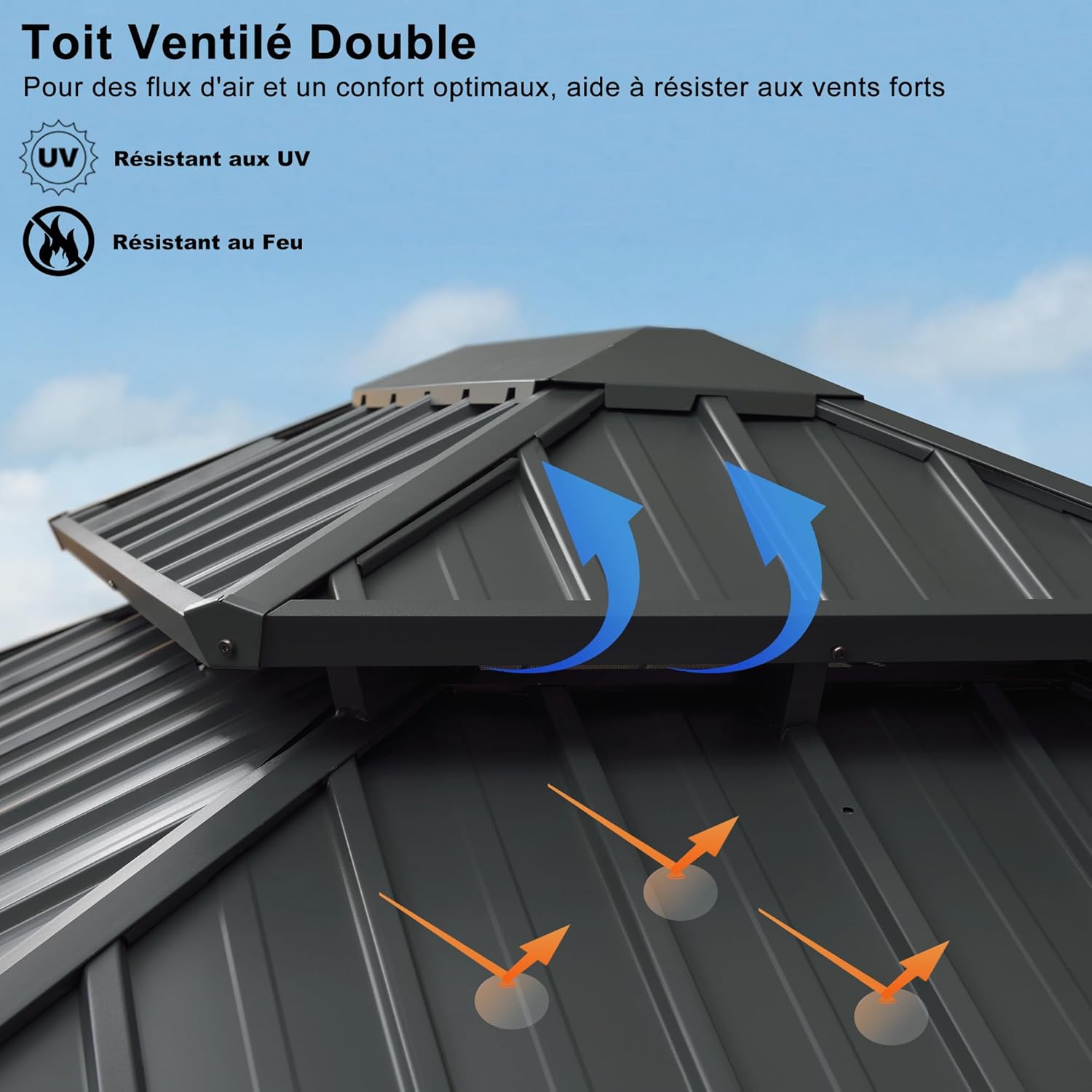 jardinite - tonnelle aluminium série - 4,85x3,65m - éclairage intégré, rideaux moustiquaires, gouttière, gris