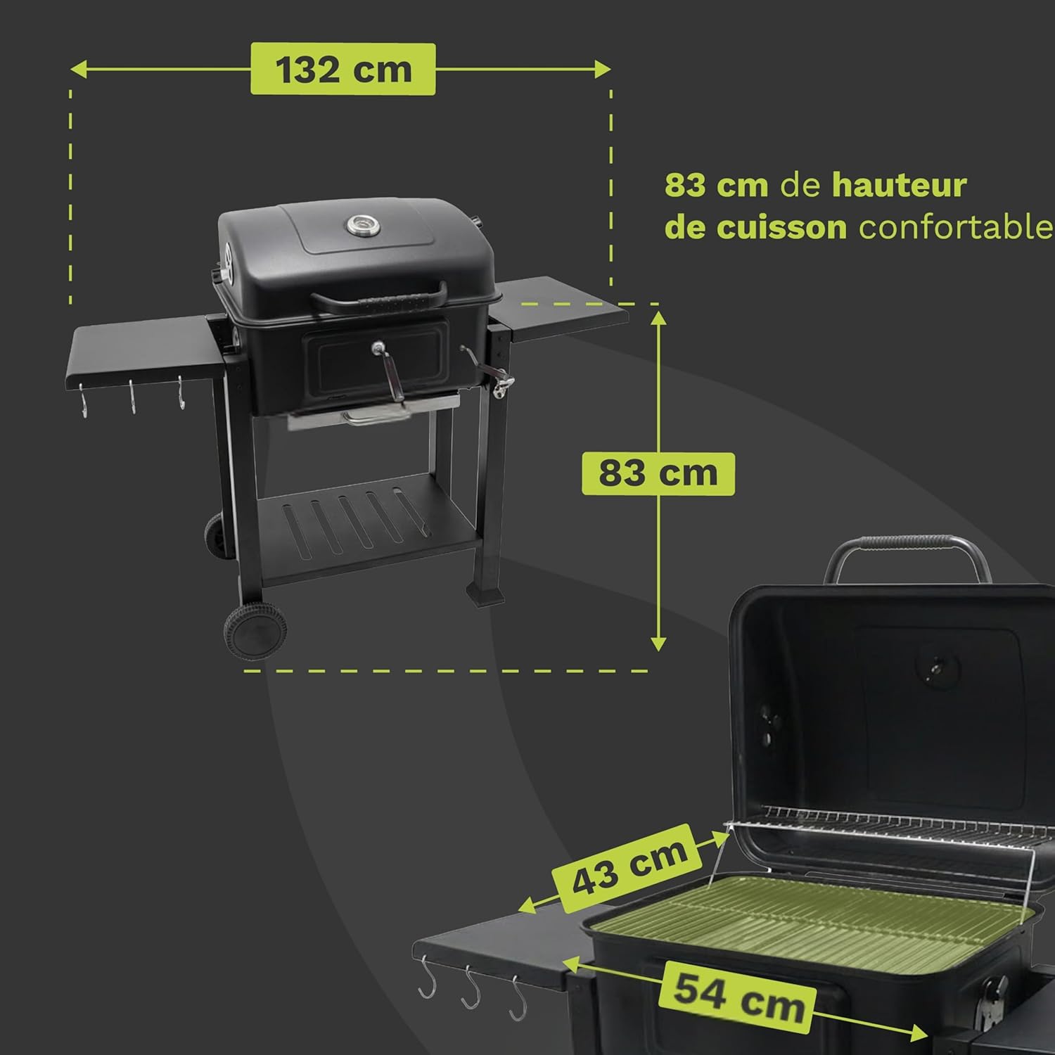 Barbecue charbon avec couvercle - grille XL 54x43cm - tablettes pliantes - récupérateur cendres