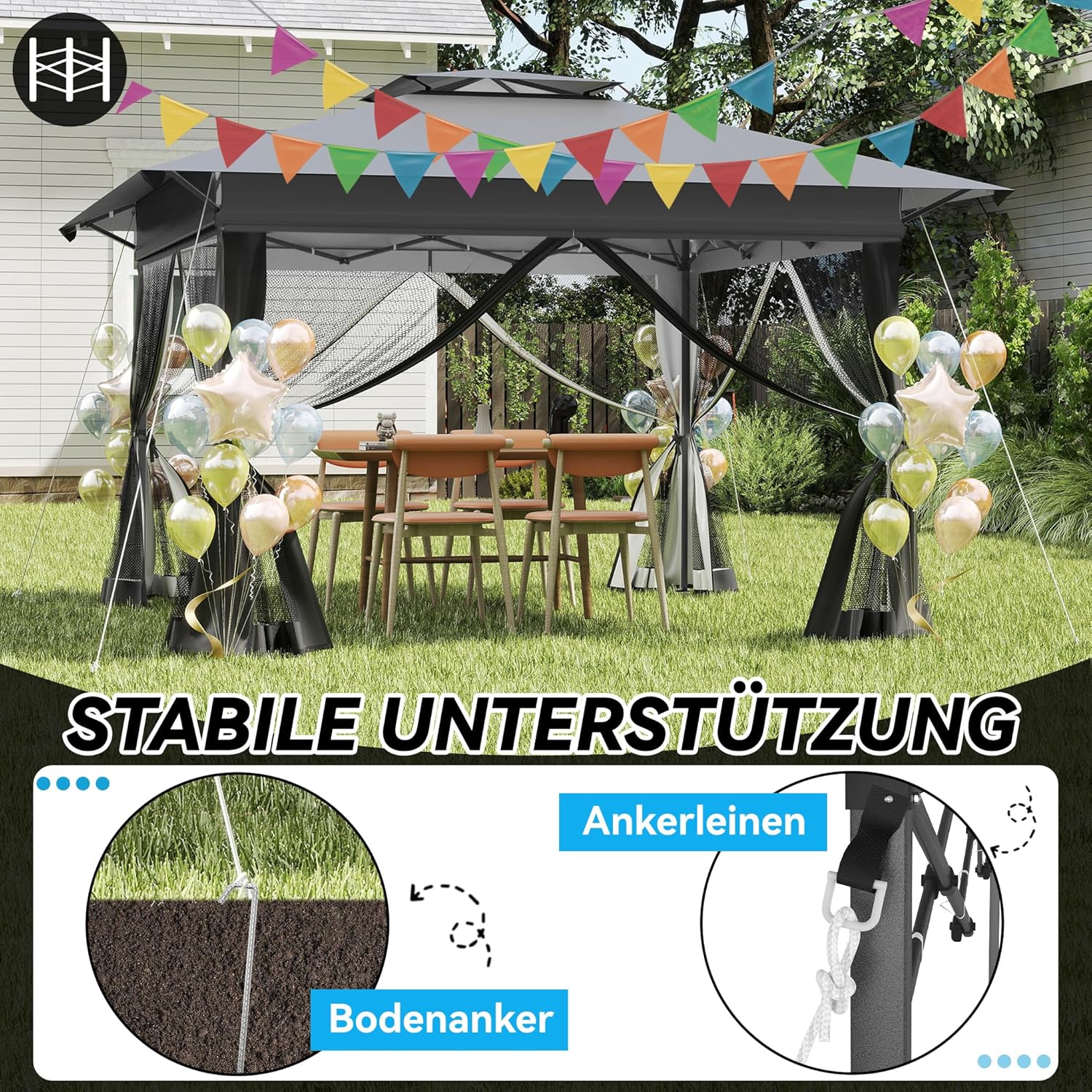 Tonnelle de jardin - Pop Up 4x4m - imperméable, UV, moustiquaires, hauteur réglable