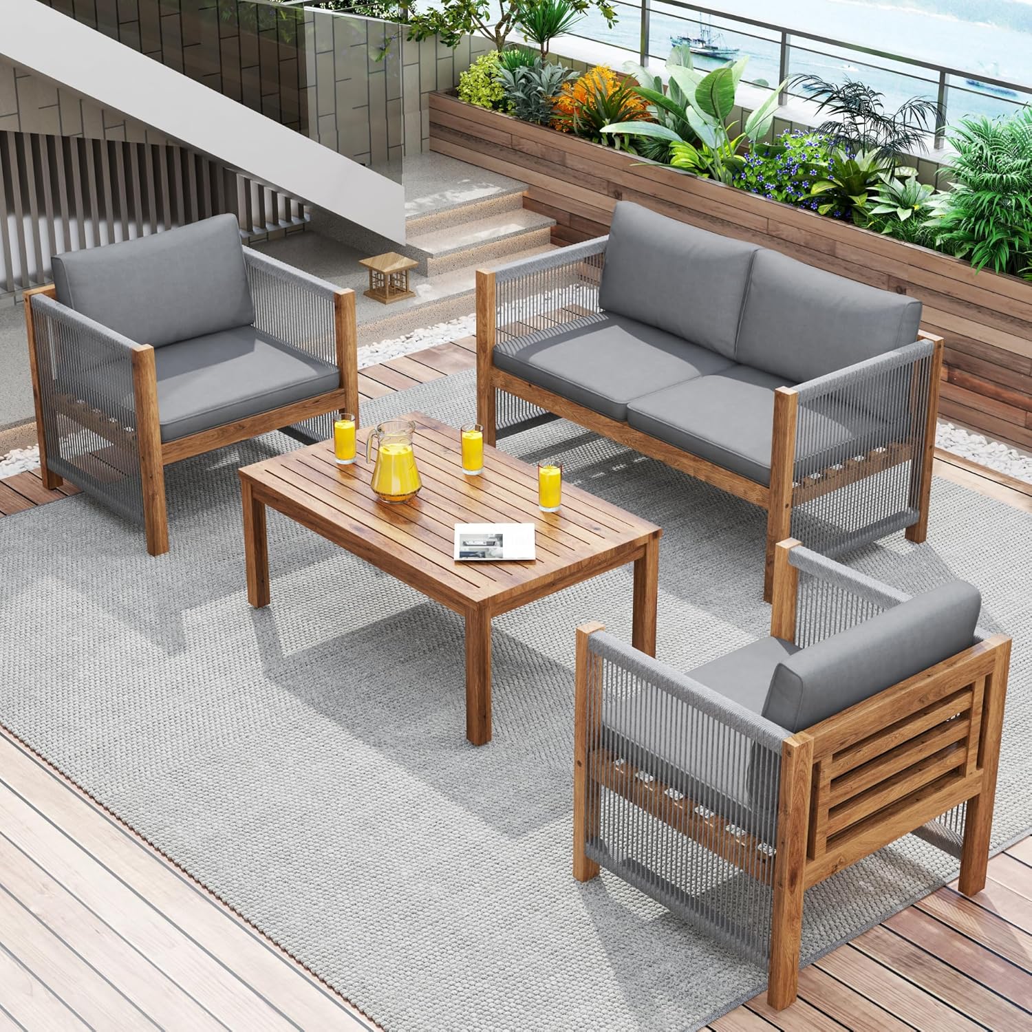 Meuble de jardin - canapé 2 places, 2 fauteuils, table basse - rotin tressé, acacia, 4 personnes, terrasse extérieure
