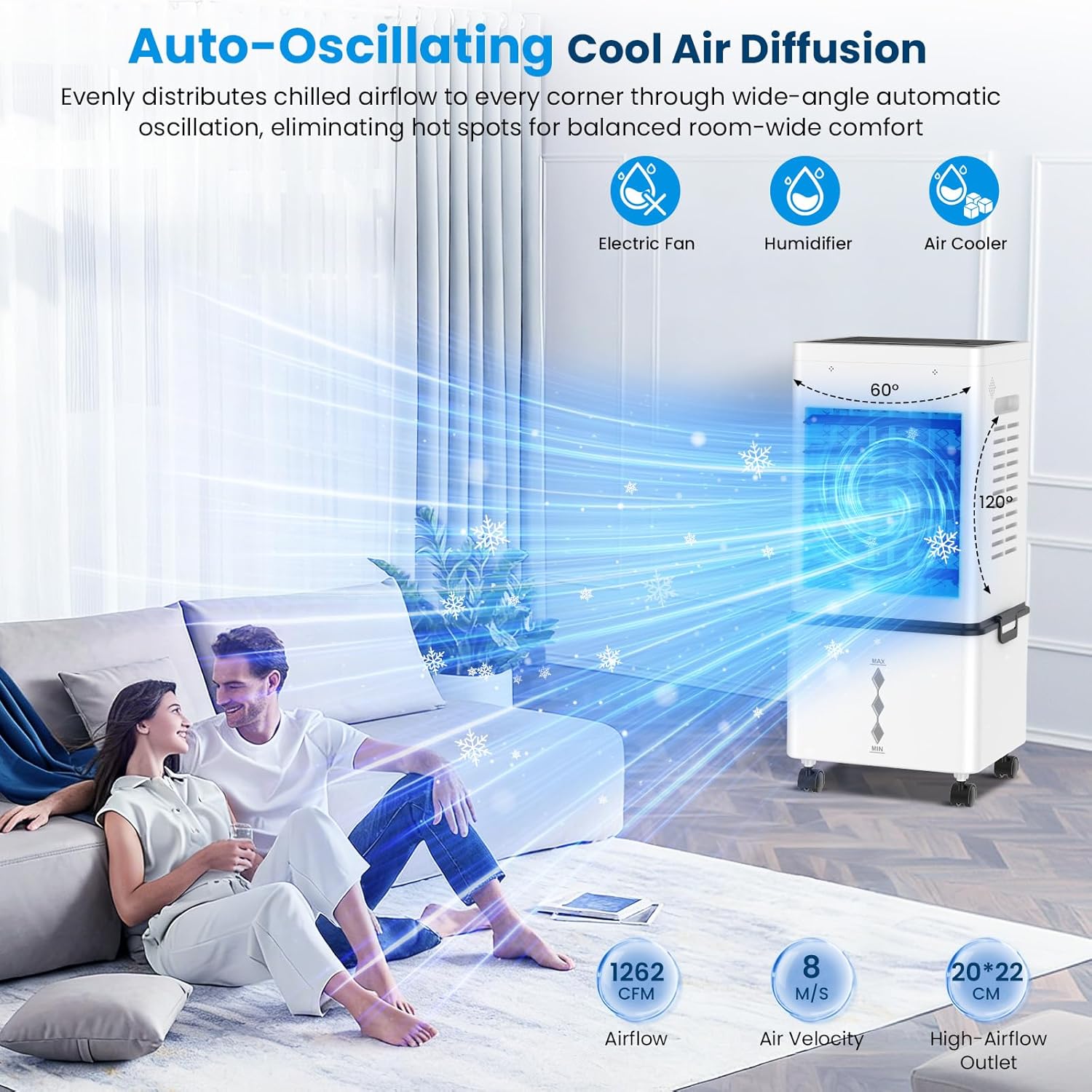 Climatiseur mobile - refroidisseur évaporatif 12 L - 6 vitesses, télécommande, minuterie 24h, 45W