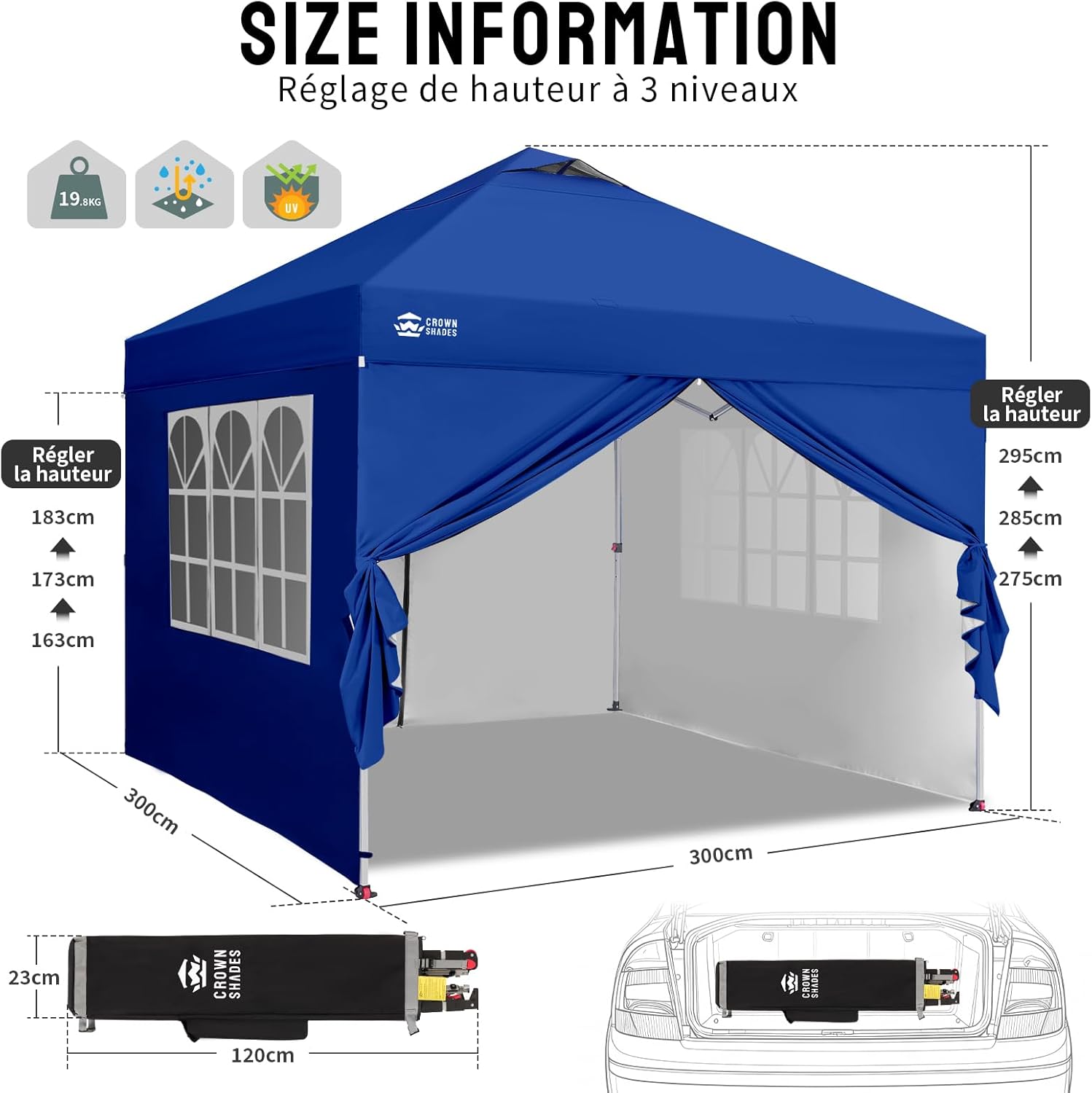 jardinite - tonnelle pliante 3x3m - imperméable, UPF 50+, 4 parois amovibles