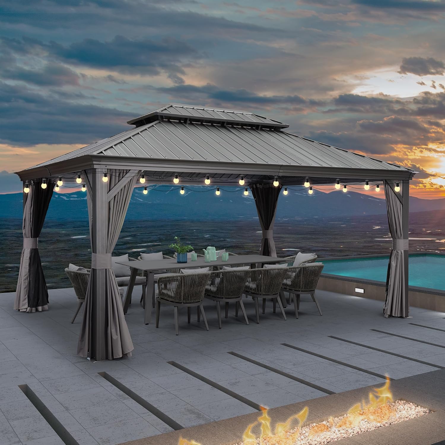 jardinite - tonnelle aluminium série - 4,85x3,65m - éclairage intégré, rideaux moustiquaires, gouttière, gris