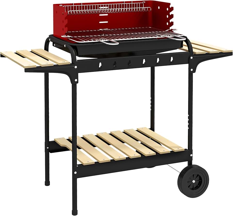 jardinite - barbecue à charbon sur pied - 103x47x95cm - gril réglable, 2 roues, 3 étagères, bac à cendres