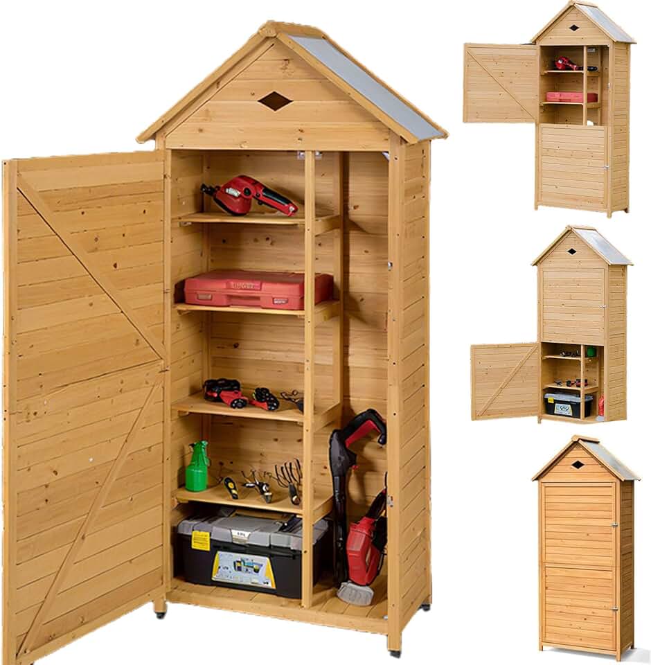 jardinite Abri de Jardin en Bois de Sapin avec Porte Verrouillable, Toit Galvanisée,5 Étagères et Compartiment, Cabanon Jardin Extérieur
