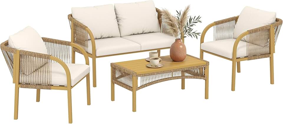 jardinite - Salon de jardin 4 pcs - canapé 2 places, coussins, table basse, plateau acier imitation bois - kaki