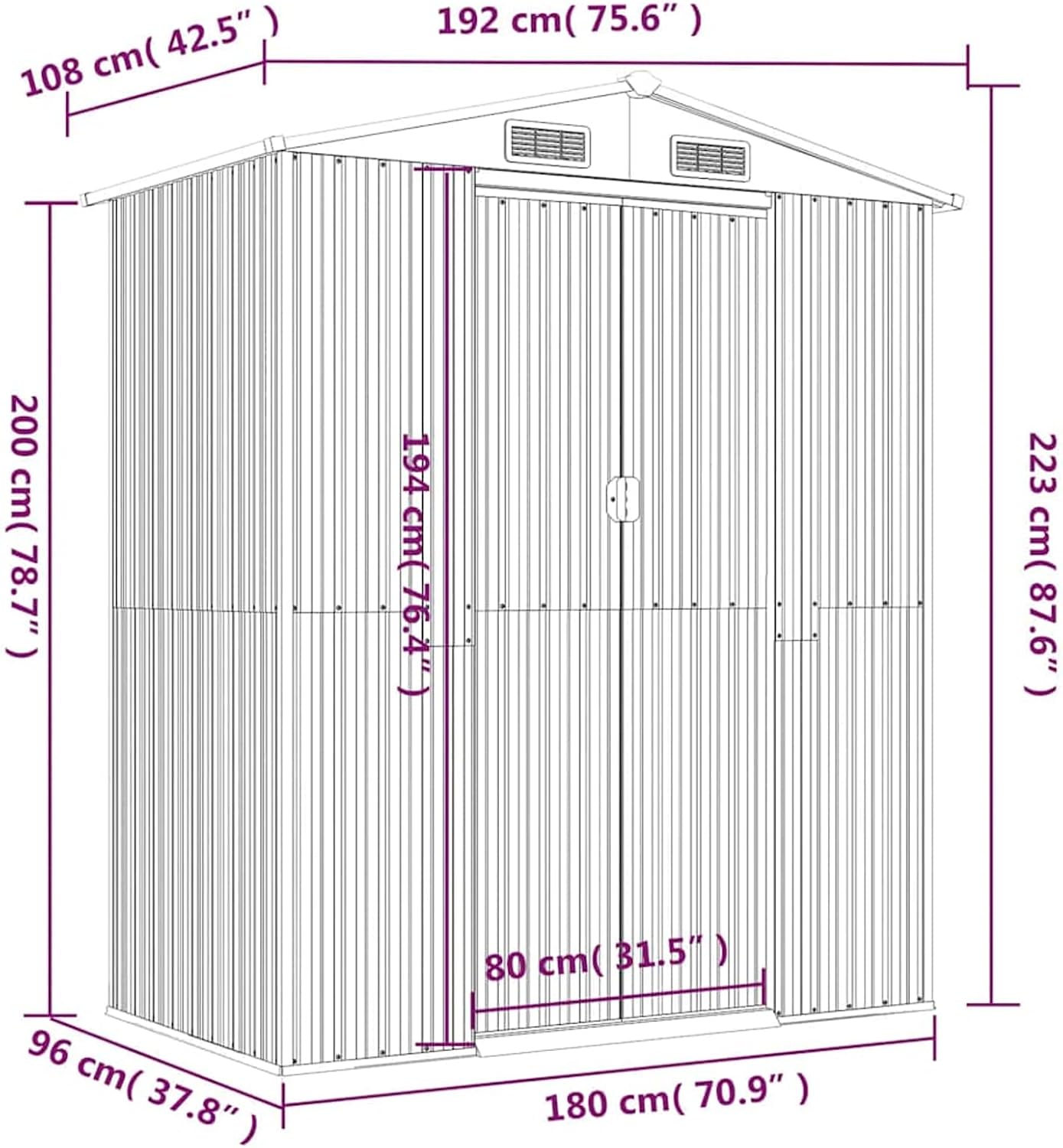 Abri de jardin extérieur acier galvanisé 192x108x223cm, anthracite
