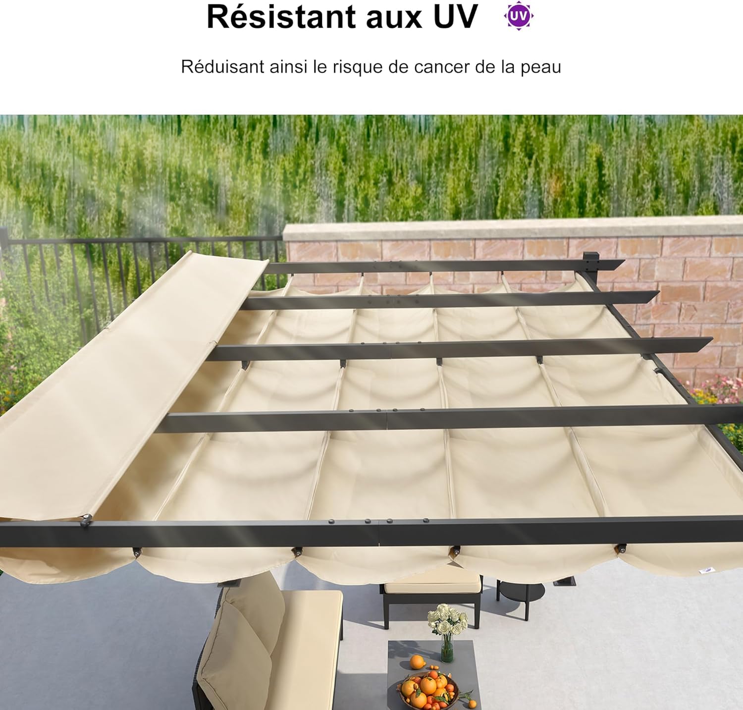 jardinite - pergola aluminium - 4x3m - rideau, toit rétractable, kaki