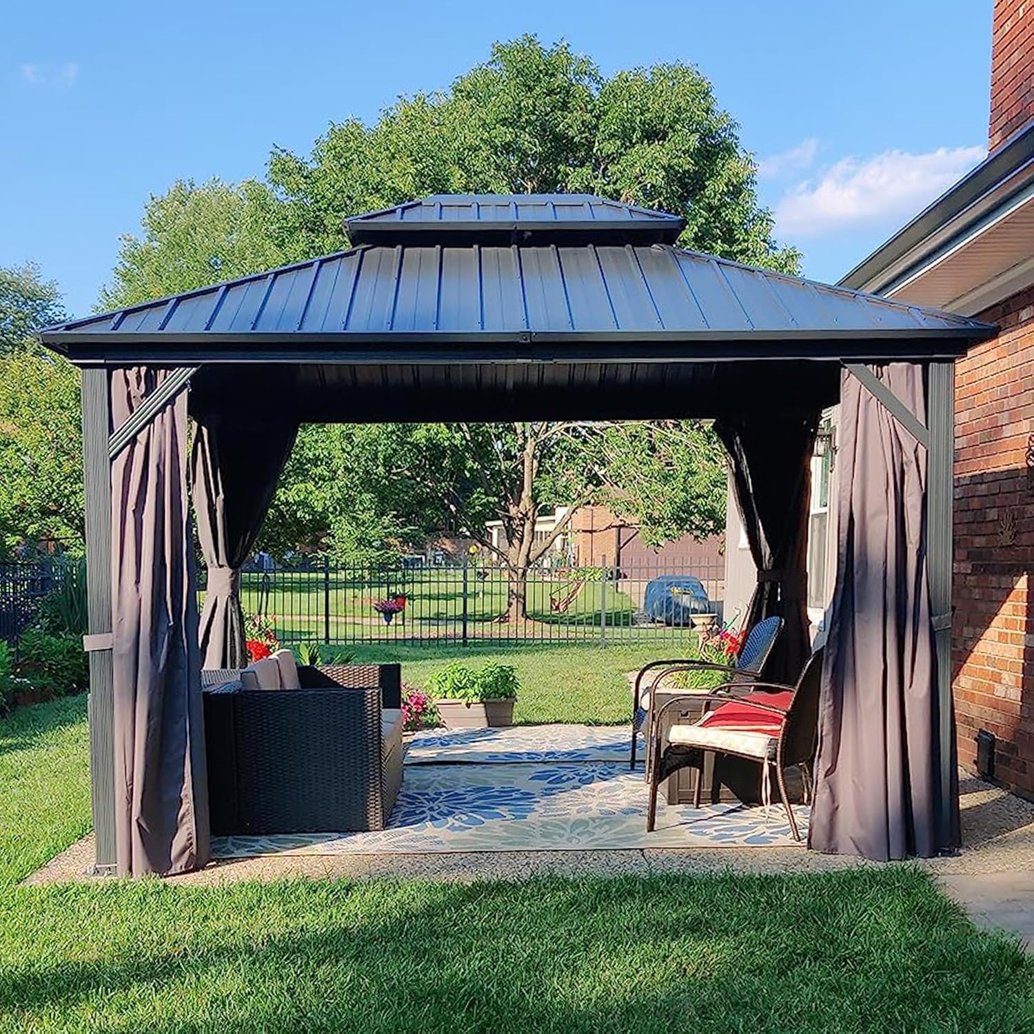 jardinite - Pergola aluminium double toit 3,65x3m rideaux moustiquaire