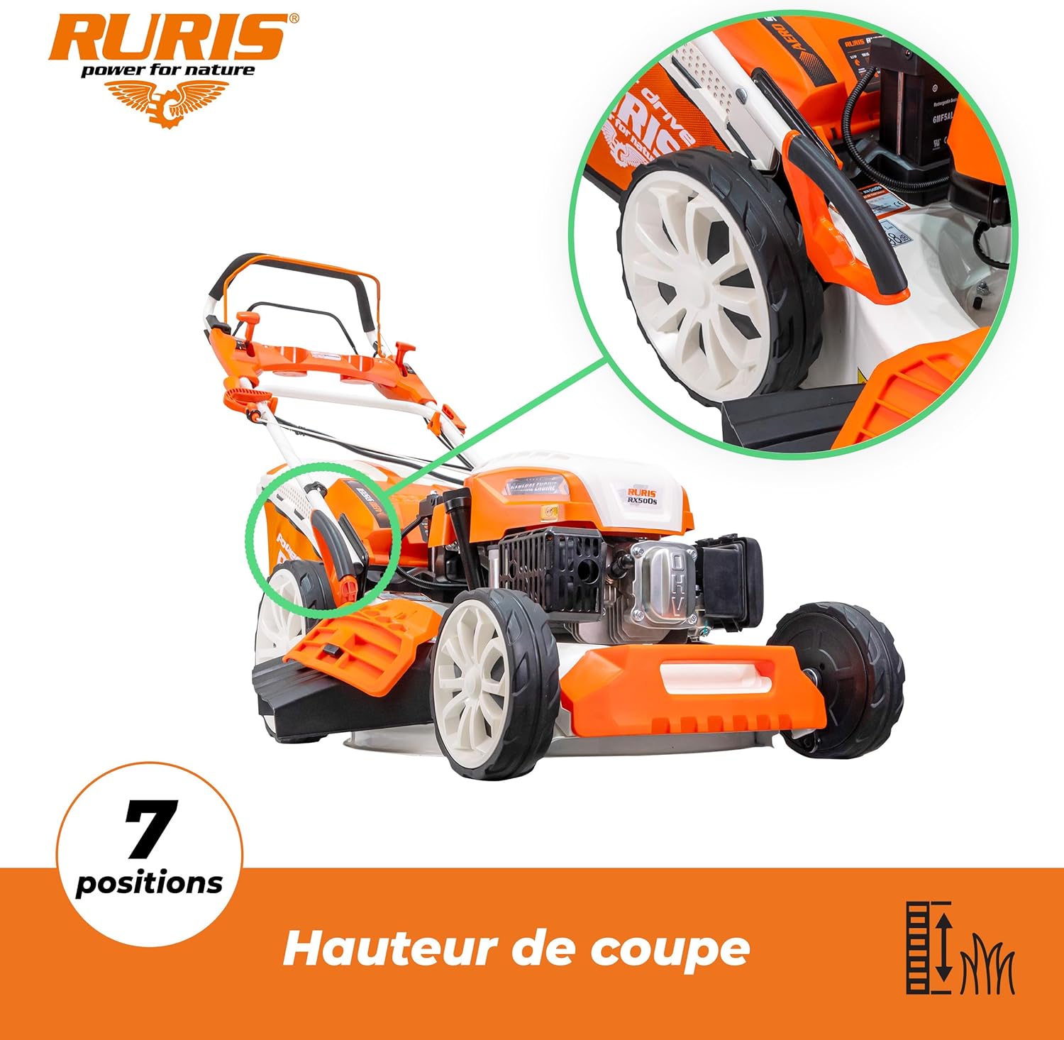 jardinite Tondeuse à Gazon Thermique 5 en 1 Mulching 5,7 CV 196cc RX500S, Orange