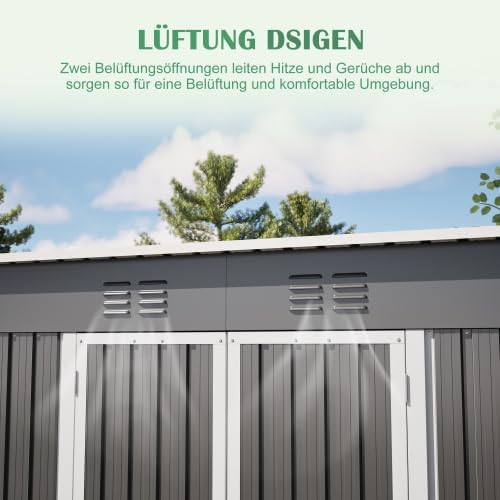 Abri de jardin en métal 242 x 126 x 182 cm – Armoire de jardin résistante aux intempéries avec toit incliné et ventilation – Porte verrouillable, cadre de fondation pour jardin, terrasse, vélo et