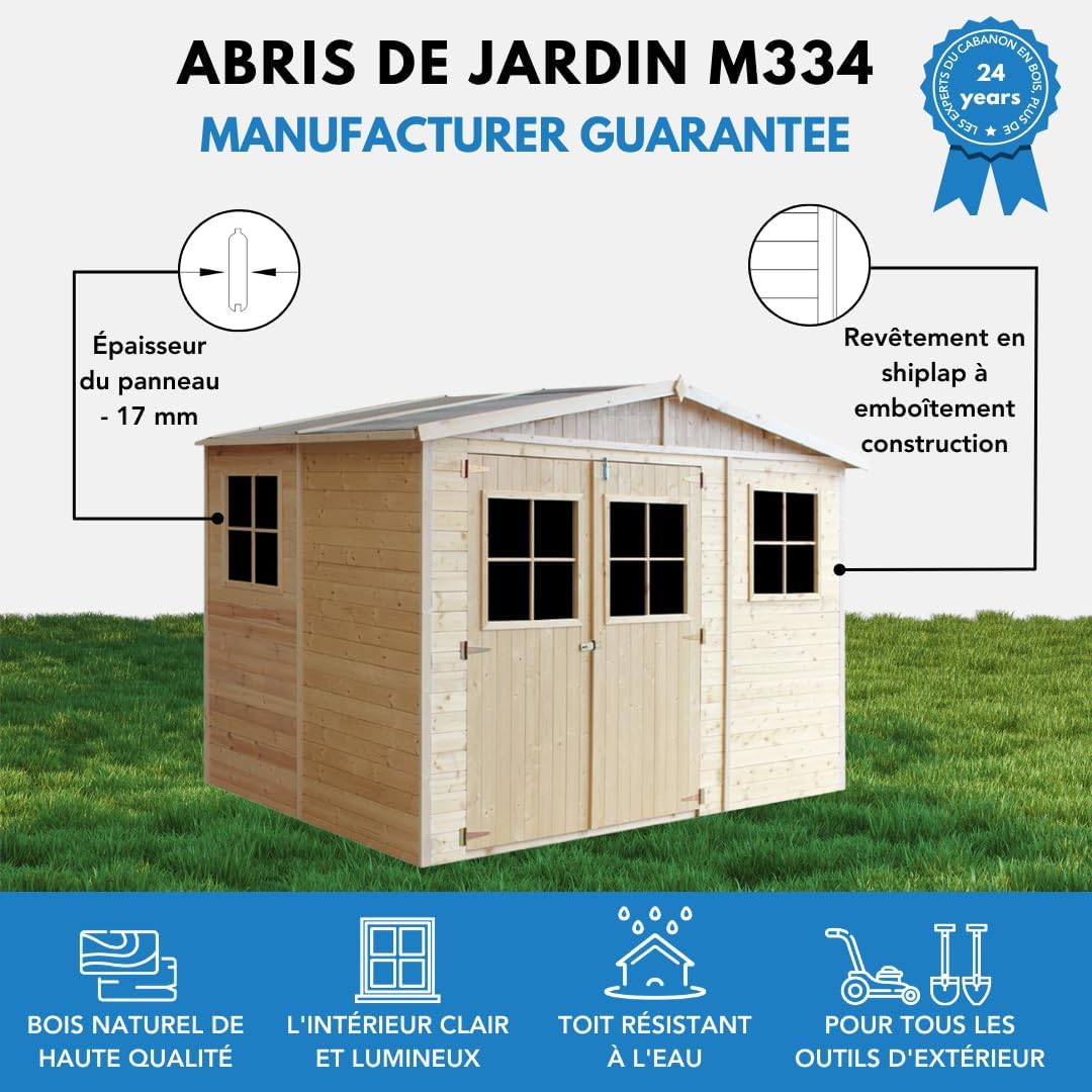 Abri de Jardin en Bois Exterieur avec Les PLANCHERS IMPRÉGNÉ- Cabane de Jardin en Pin/épicéa-H226x324x216 cm/6m2- Construction de Panneaux- Rangement pour vélos, Remise à Outils- jardinite M334+M334G