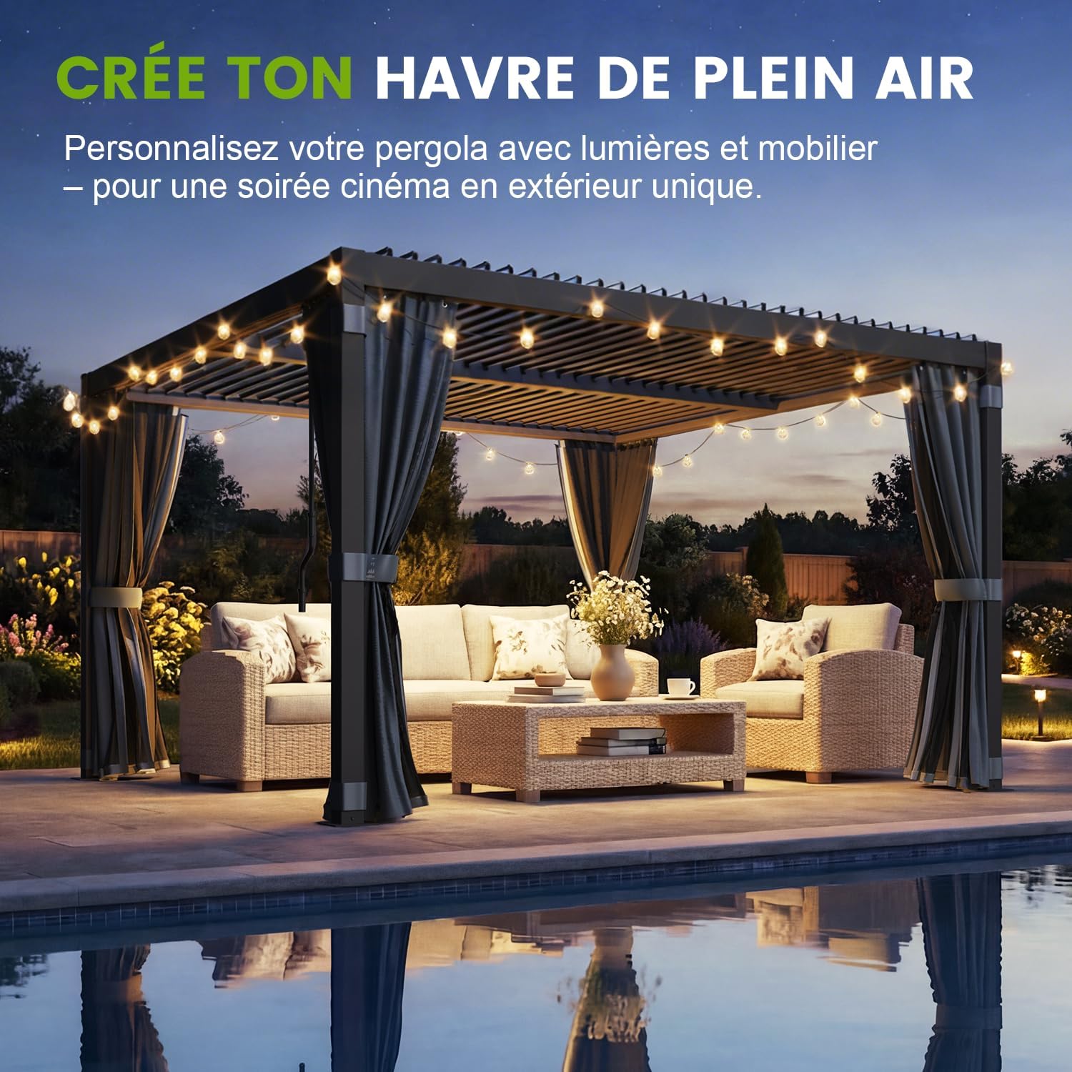 Pergola bioclimatique - aluminium/acier - 3x3 m - toit à lames, rideaux étanches