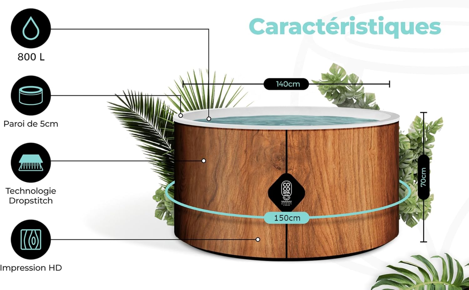 jardinite - Spa Gonflable 150 cm - 800 L - 140 jets - 2240 W