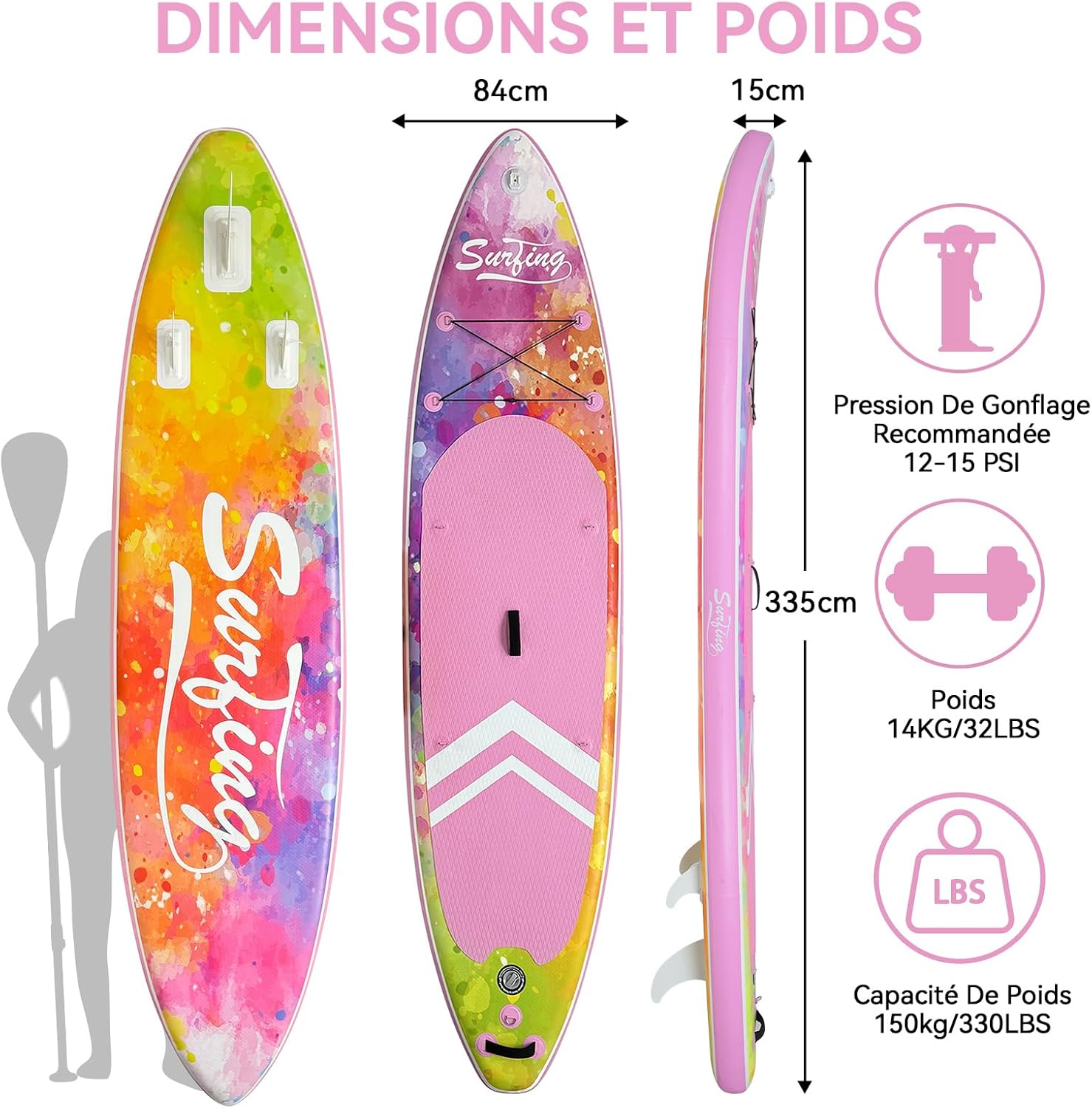 jardinite - Paddle gonflable 320/335cm - 2 pers, siège kayak, 150kg