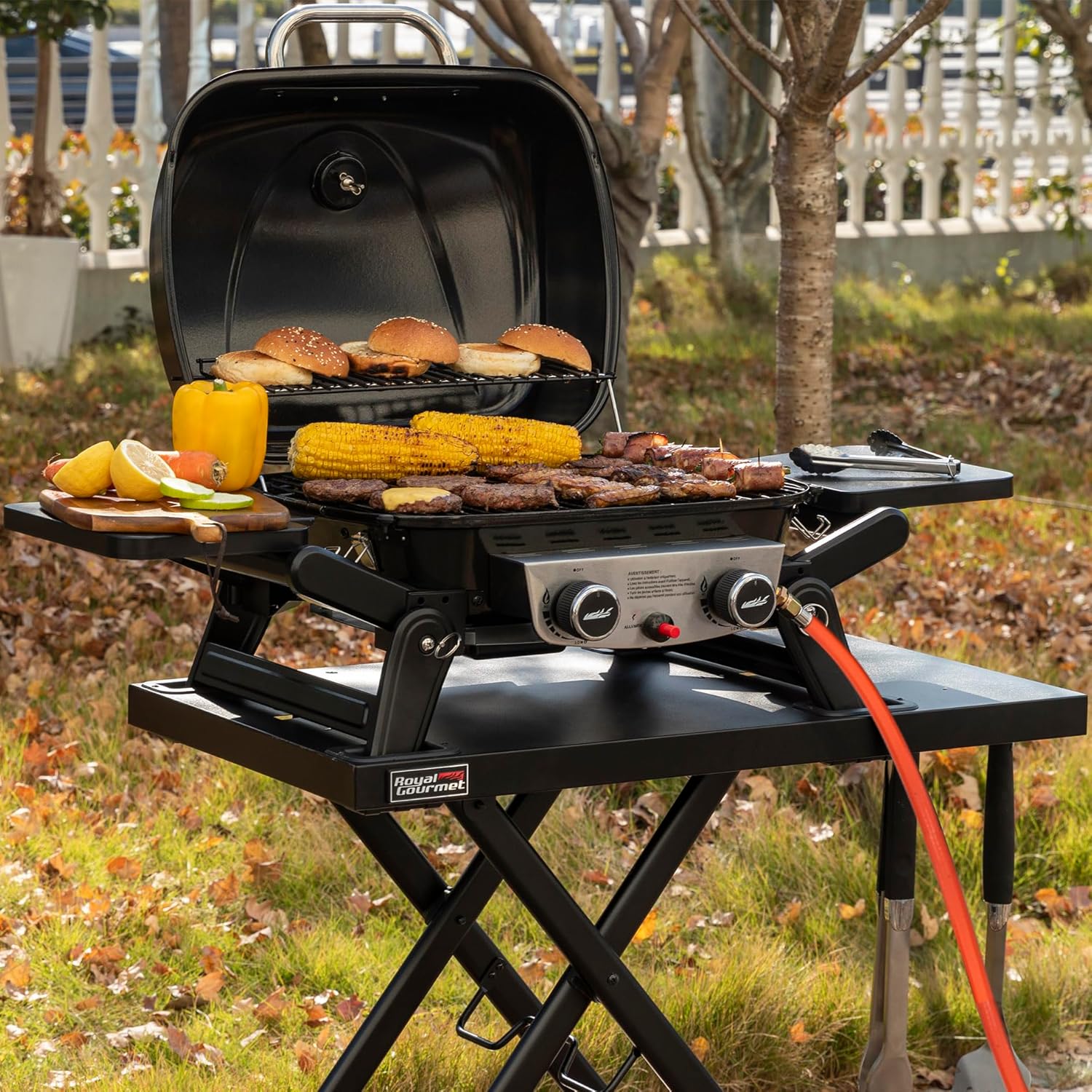 jardinite - barbecue gaz portable - 48x37 cm - 2 brûleurs, tables pliantes, chariot détachable, 5kW