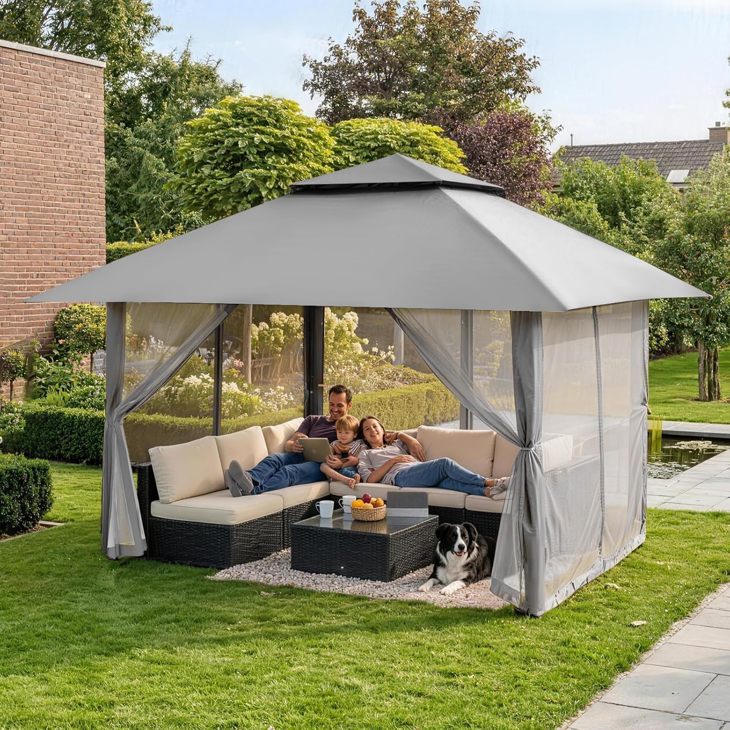 jardinite - tonnelle jardin pop up - 4x4 m - double toit, côtés maille, hauteur réglable