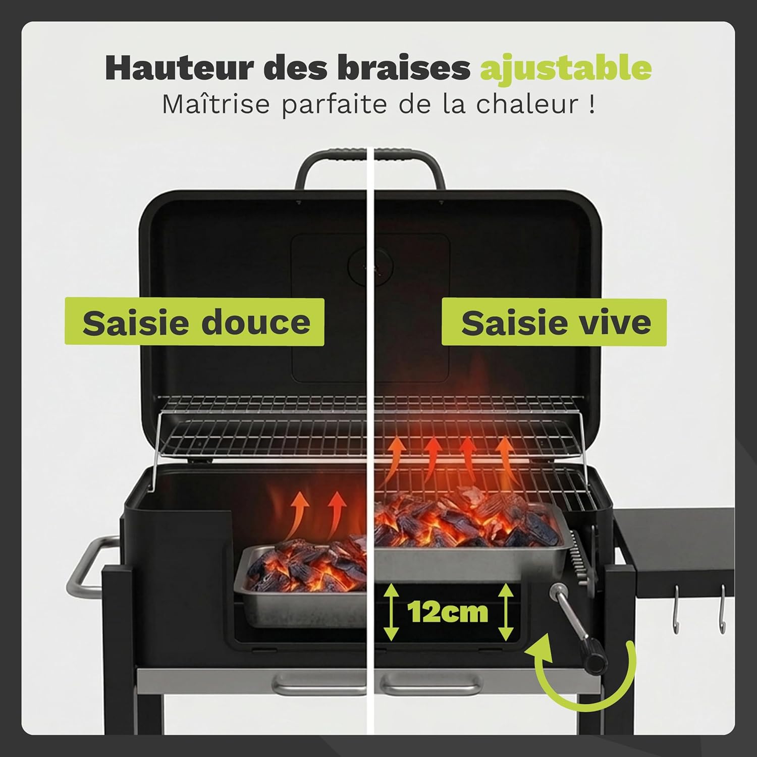 Barbecue charbon avec couvercle - grille XL 54x43cm - tablettes pliantes - récupérateur cendres