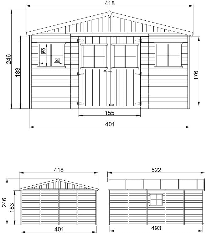 Abri de Jardin en Bois Exterieur avec Les PLANCHERS IMPRÉGNÉ- Maison de Jardin en Pin/épicéa-H246x418x522 cm/20 m²-Construction de Panneaux- Rangement pour vélos, Remise à Outils-jardinite M333 +M333G