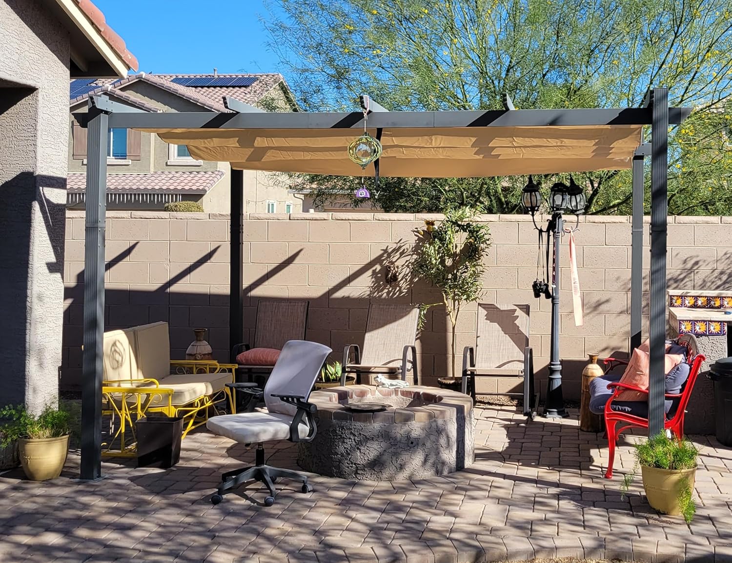 jardinite - Pergola aluminium LED, toit rétractable, 4x3m, kaki