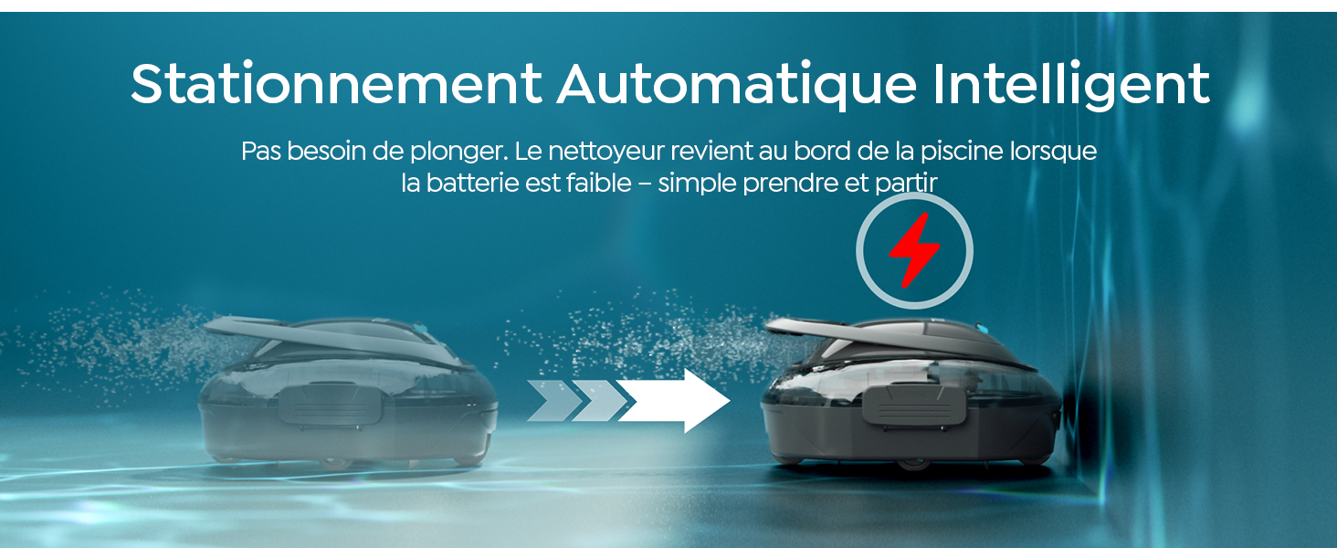 Le texte indique « Stationnement automatique intelligent » avec un sous-titre sur la détection des obstacles et le stationnement. L'image montre deux voitures démontrant un système de stationnement automatique avec flèches directionnelles et indicateur de guidage.