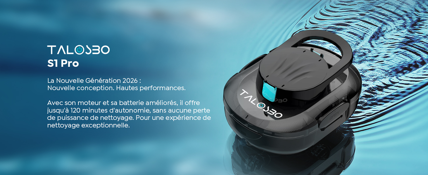 Le texte indique « TALOSIO ». Aspirateur robotique noir présenté sous plusieurs angles sur un fond bleu de style technologique, mettant en valeur son design circulaire et ses fonctions de navigation.