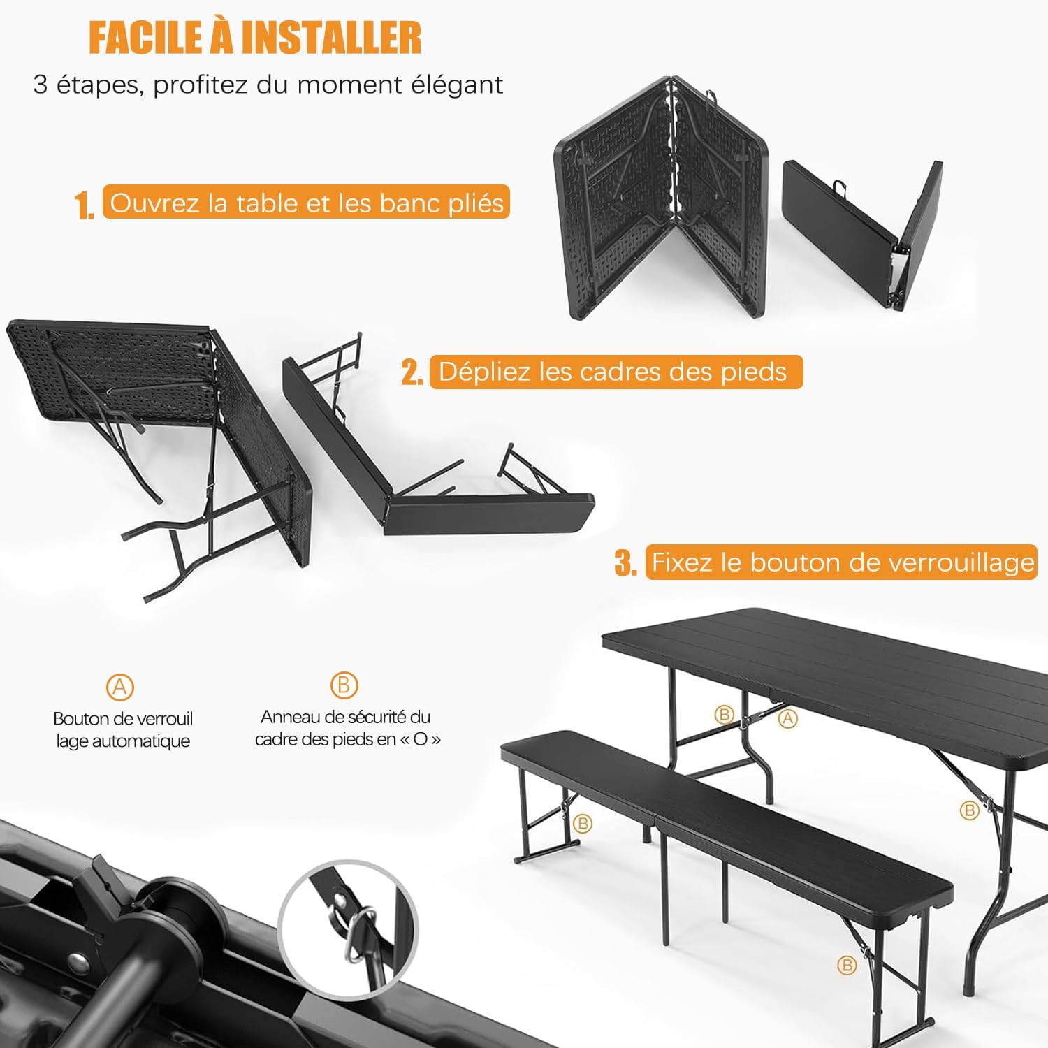 Ensemble Table et Bancs Pliante - 6/8 pers - extérieur/camping - 1 table + 2 bancs