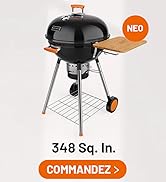 Le texte indique « NEO », « 348 mètres carrés » Dans. ', 'COMMANDES'. Gril à charbon portable présenté sous plusieurs angles, avec couvercle en forme de dôme noir, pieds en métal et étagère de rangement inférieure.
