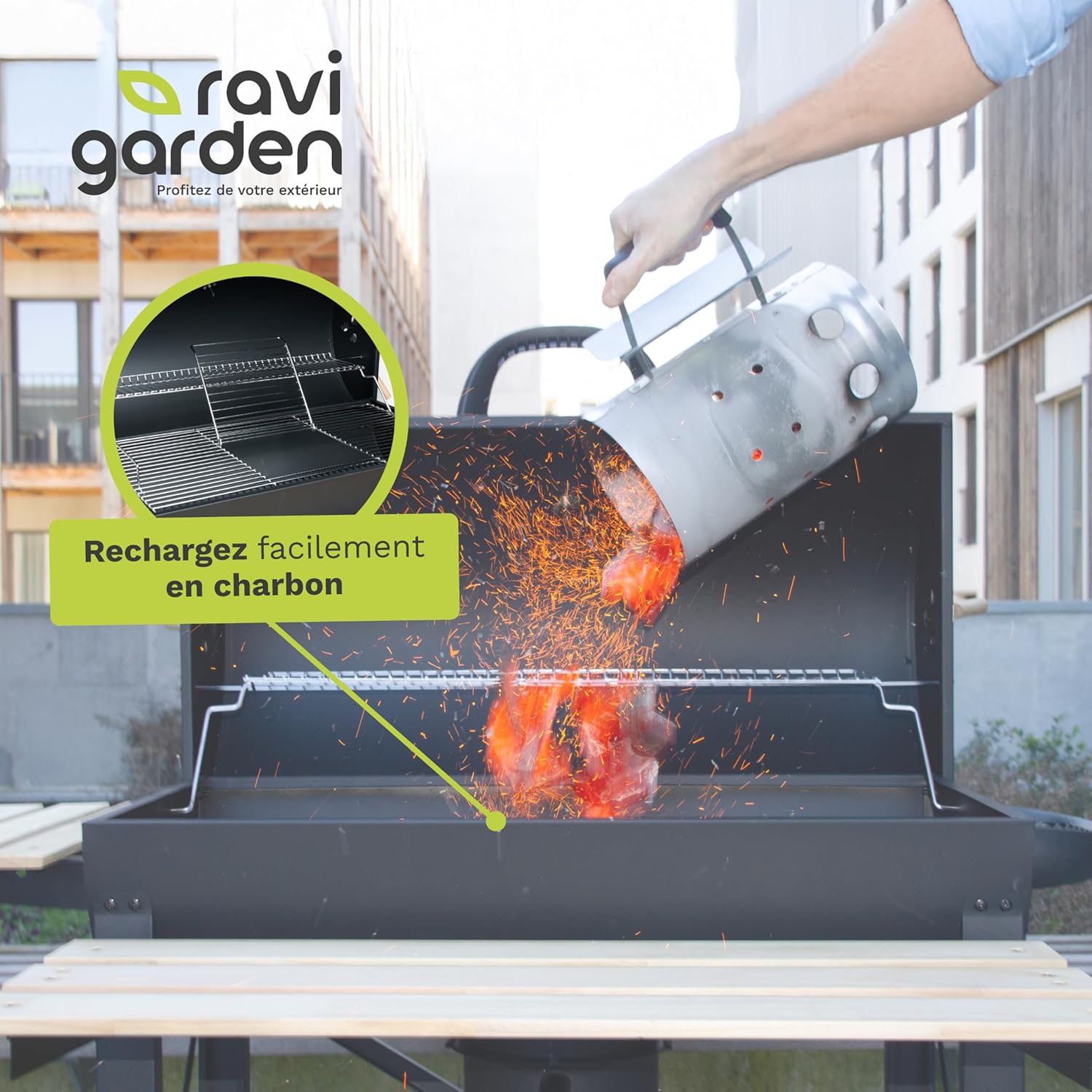 Barbecue charbon de bois XXL - 71x38 cm - couvercle, 2 tablettes, récupérateur de cendres
