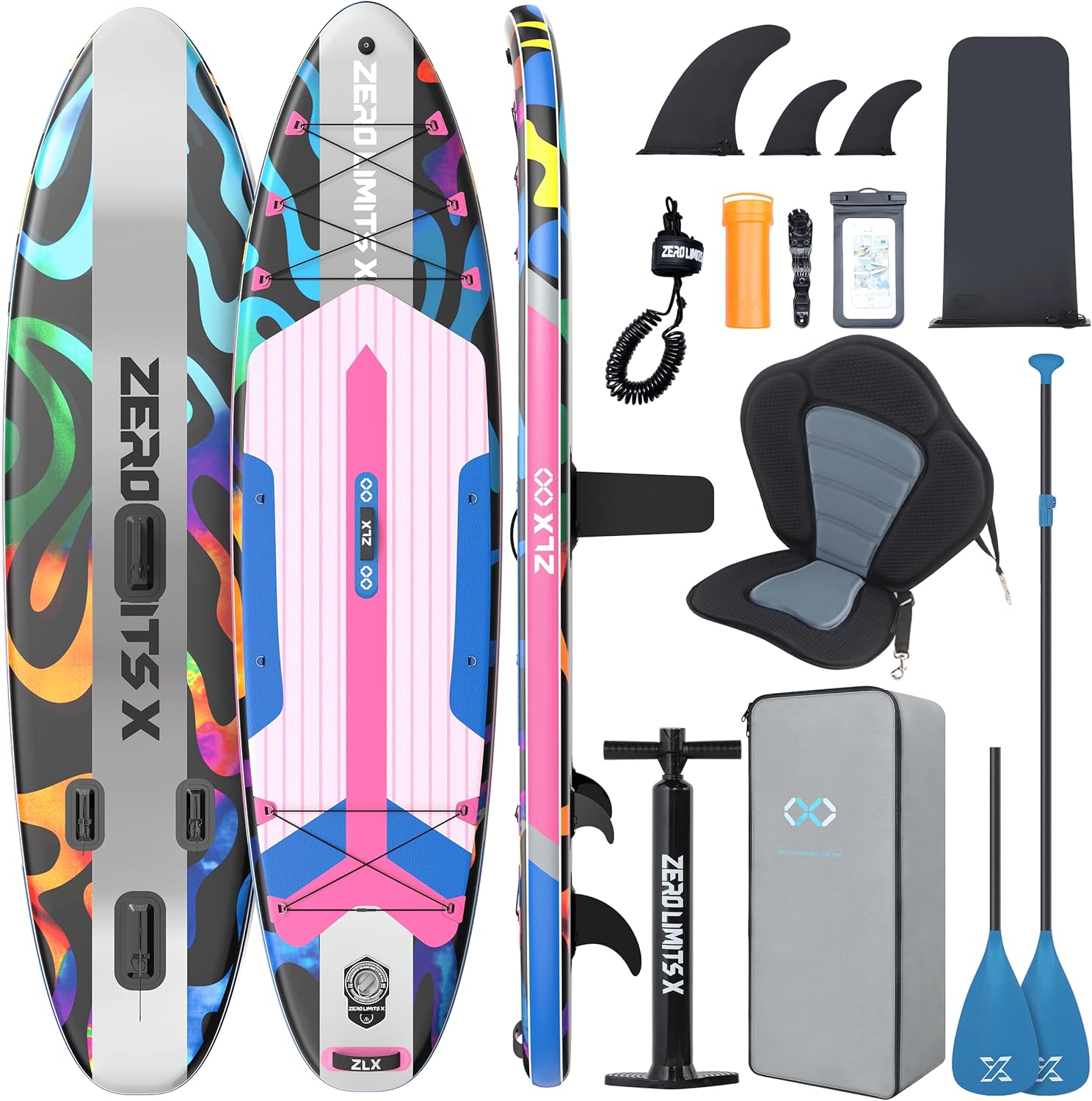 ZLX Paddle Gonflable Adulte 2 Places 320 x 84cm, Stand Up Paddle avec Siège Kayak, Planche Sup Complète avec Accessoires, pour Débutants et Tous Niveaux