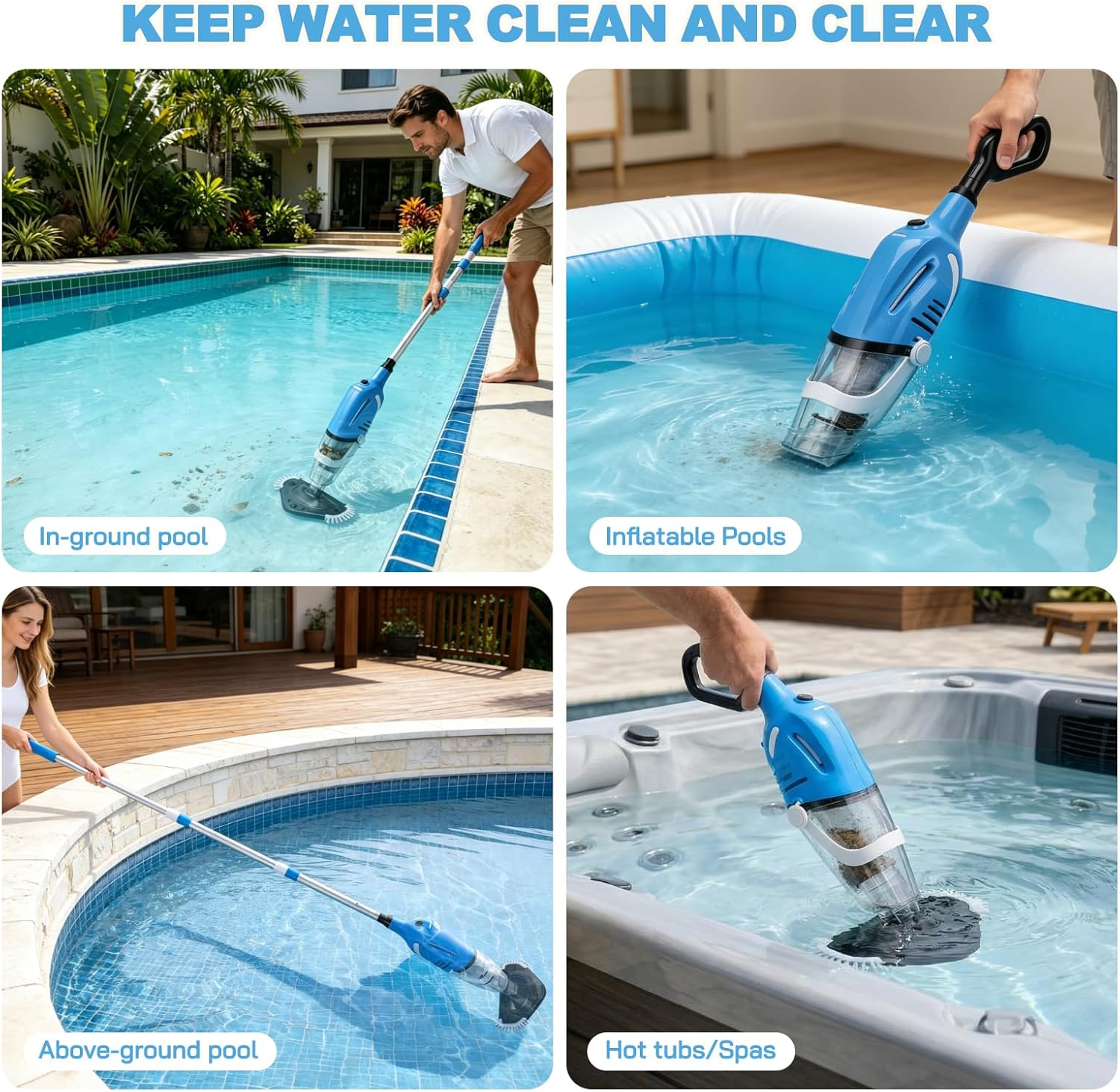 Aspirateur Piscine, Aspirateur Spa Rechargeable avec Aspiration Puissante 40 L/Min, Manche Télescopique de 131 à 199 cm, Capteur Automatique, 2 Têtes de Brosse pour Spas, Jacuzzis et Piscines