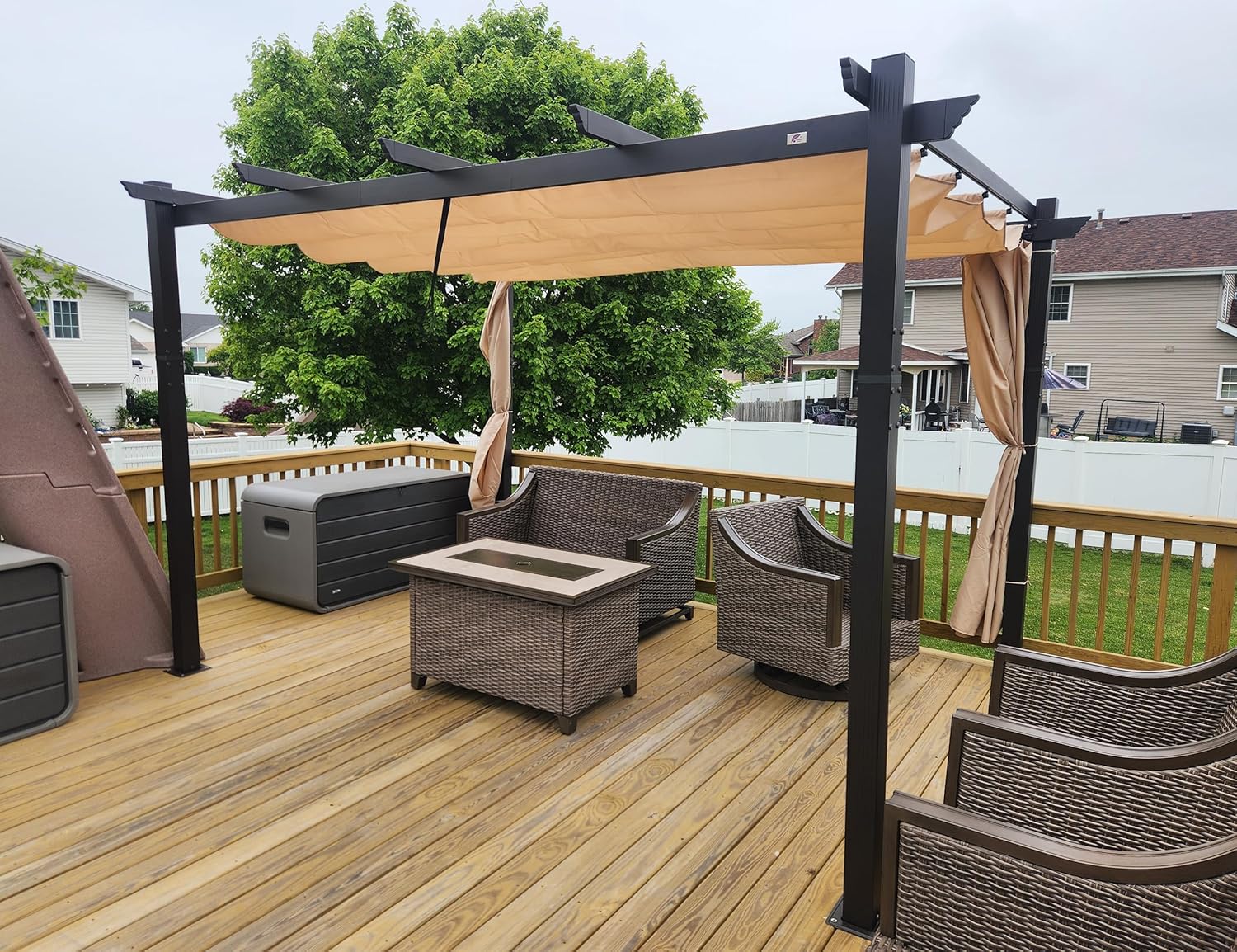 jardinite - Pergola Aluminium - 4x3,2m - LED intégrée, toit rétractable, kaki