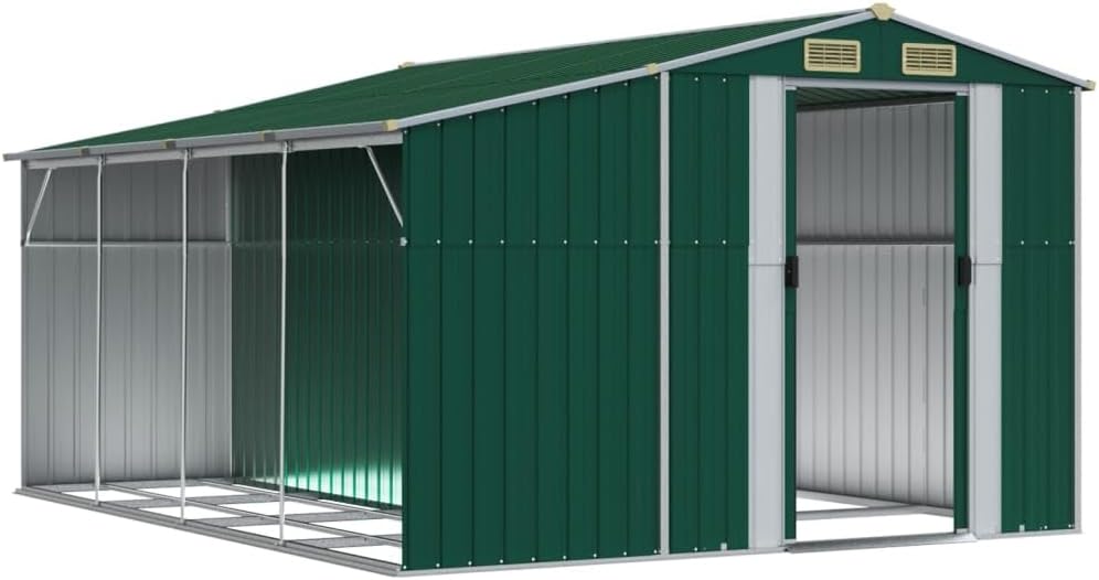 Abri de jardin acier galvanisé 277x365,5x179cm, vert, support bois, 4 aérations