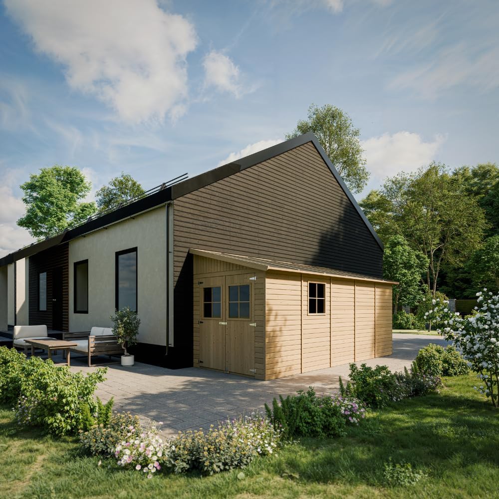 Abri de Jardin en Bois Naturel (avec paroi latérale) Plus Les PLANCHERS IMPRÉGNÉ- Stockage extérieur avec fenêtres- H244x218x514 cm/10 m2- Atelier Rangement Outils et vélos- jardinite M341A+M341G