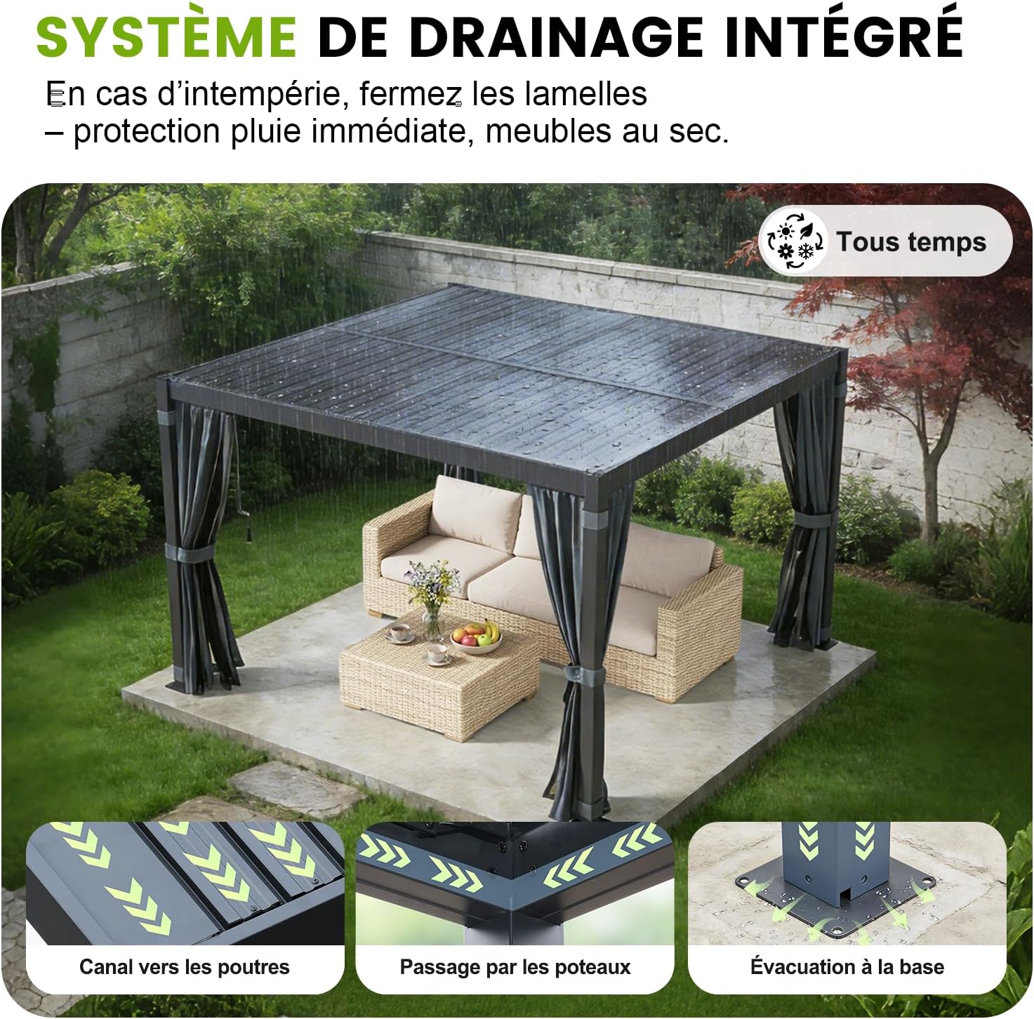 Pergola bioclimatique - aluminium/acier - 3x3 m - toit à lames, rideaux étanches