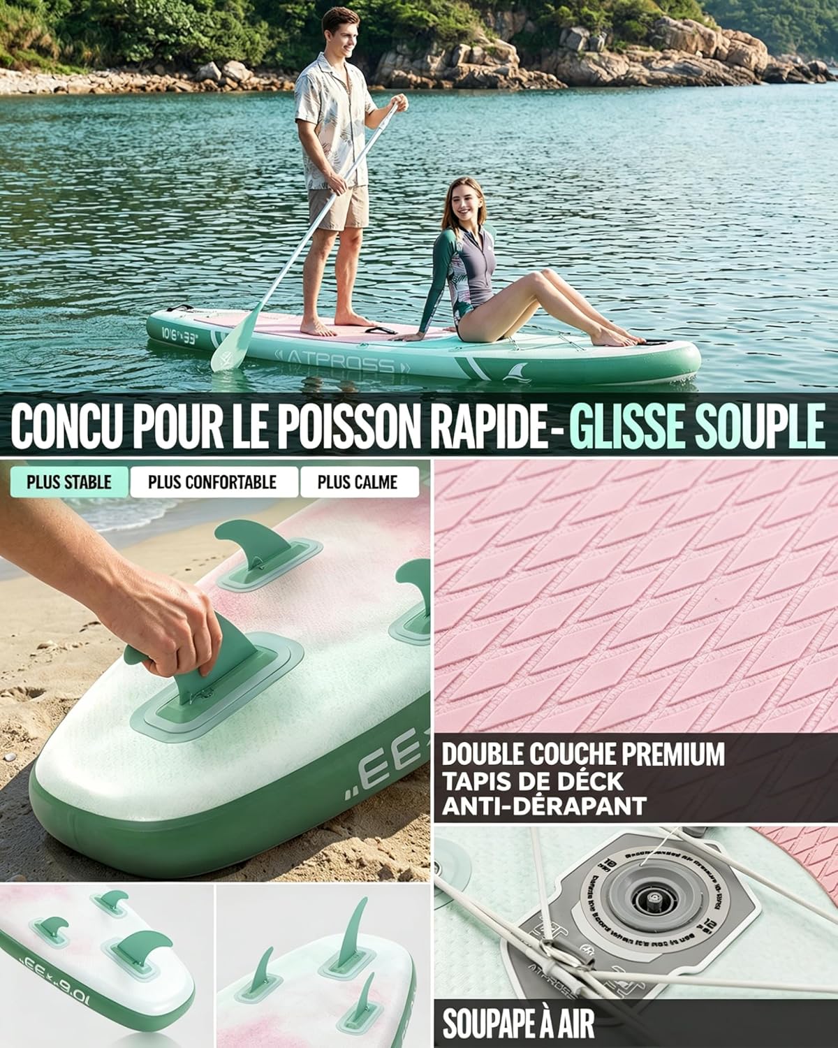 Stand Up Paddle Gonflable Adulte avec Siège Kayak & Accessoires, 320x84cm Planche de Sup Extra Large pour 2 Personnes, Charge 200kg, Kayak Gonflable 2 Places Stable et Antidérapant pour Surf
