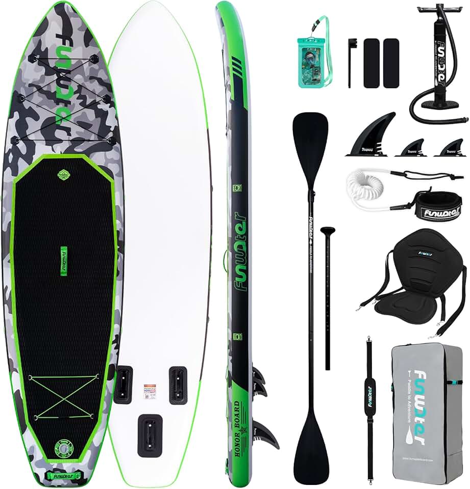 jardinite Planche de stand up paddle gonflable de 330 cm - Kit complet avec pagaie, sac à dos, étui pour téléphone portable, 3 palmes, pompe, siège et bandoulière - Planche de SUP pour débutants et