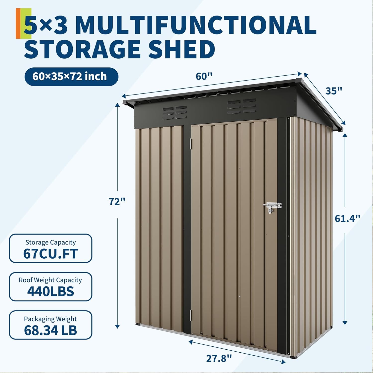 Abri de jardin en métal - 152,4 x 91,44 cm - Avec toit incliné et portail verrouillable - Abri de jardin compact en métal - Pour jardin, cour, terrasse (marron)