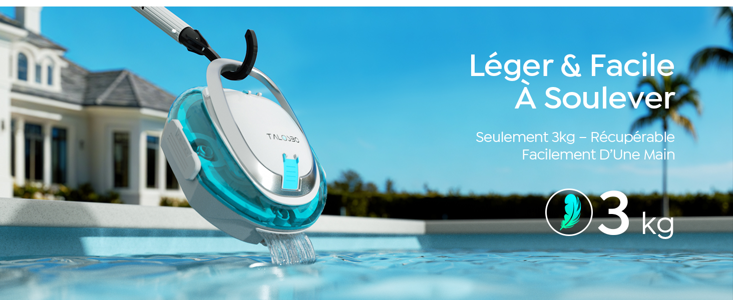 Le texte indique « Léger & Facile » et « A Soulever ». Appareil de nettoyage de piscine représenté en action, avec une perche télescopique bleue et un panier de collecte blanc.