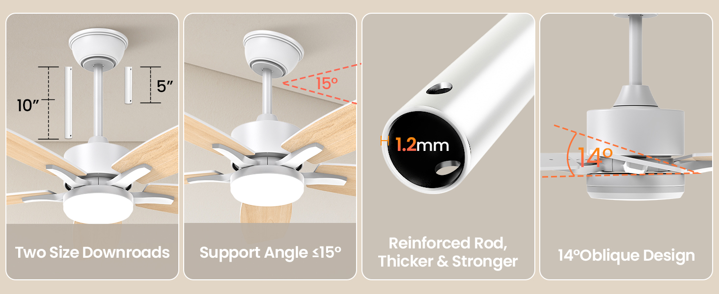 Schéma d'installation du produit montrant les étapes de montage d'un plafonnier. Comprend des illustrations pour l'installation à deux emplacements, l'angle de support et les caractéristiques de conception HD.