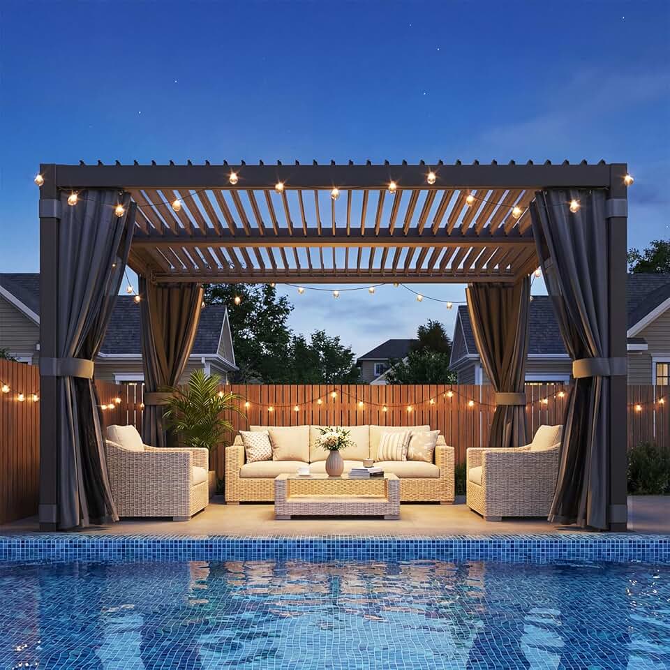Pergola bioclimatique aluminium acier 3x3,6m toit lamelles rideaux