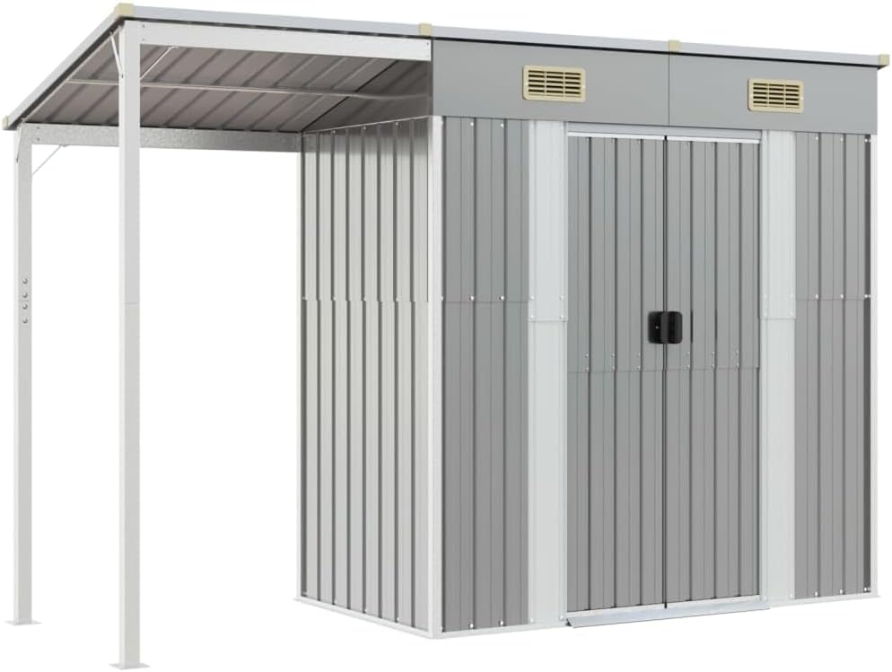 Abri de Jardin avec Toit prolongé Gris Clair 277x110,5x181 cm,Abris De Jardin,Abri De Stockage pour Jardin,Abri D'Outils De Jardin