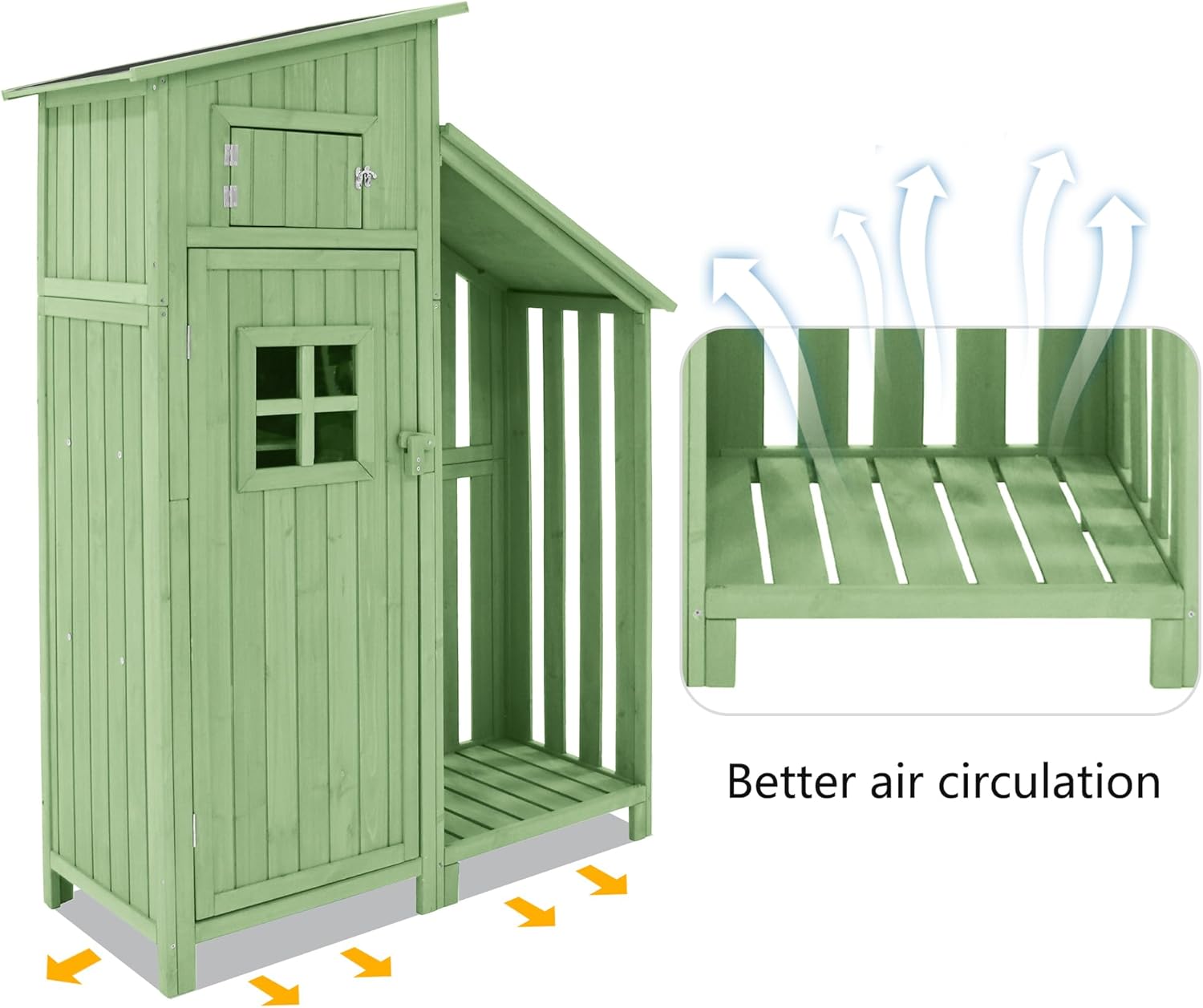 Abri de Jardin en Bois, Cabane de Jardin avec PVC à Structure en Forme de Selle, Coffre de Jardin avec Fondation et 2 étagères de Rangement, Armoire Outils de Jardinage, 124x46x174cm Vert