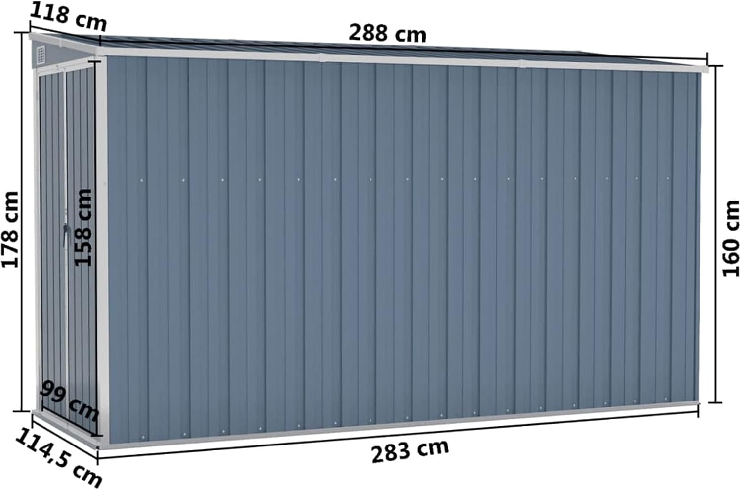 Abri de jardin mural acier galvanisé 118x288x178 cm - gris