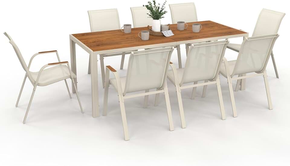 jardinite - Noumea Salon jardin 190 cm verre-bois, 8 chaises empilables