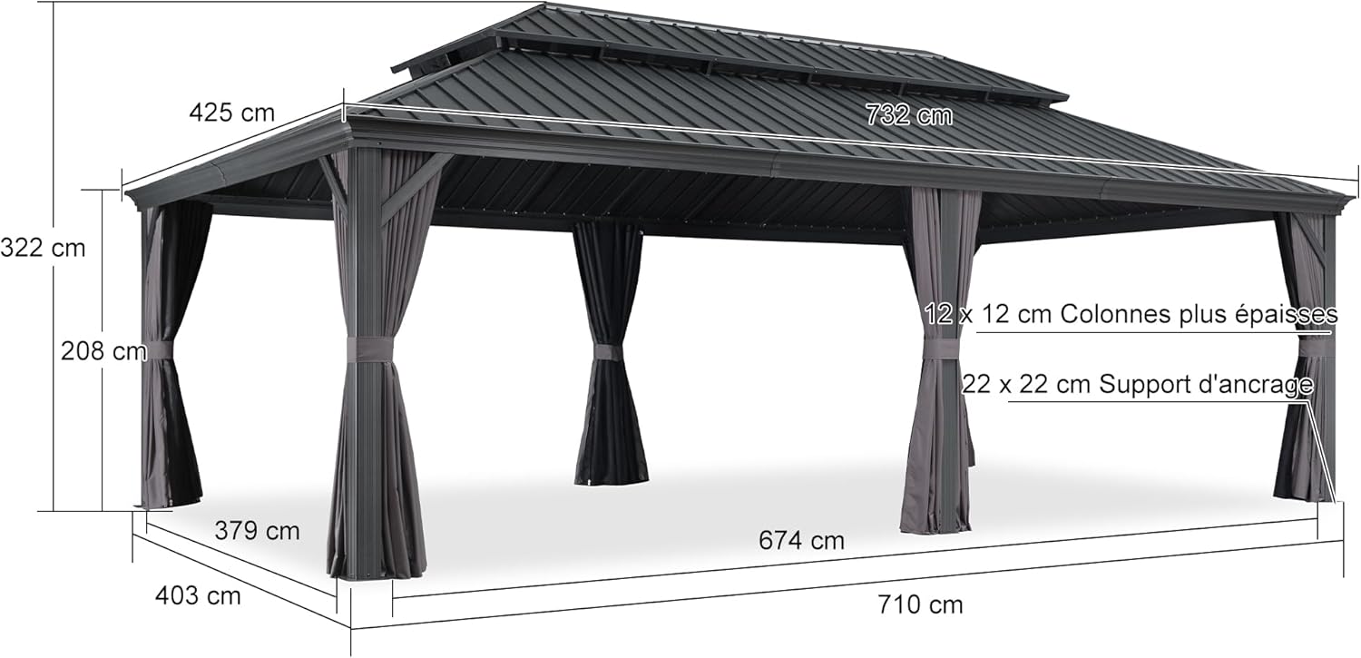 jardinite - Tonnelle Jardin 7,32x4,25m - acier, rideaux, moustiquaire