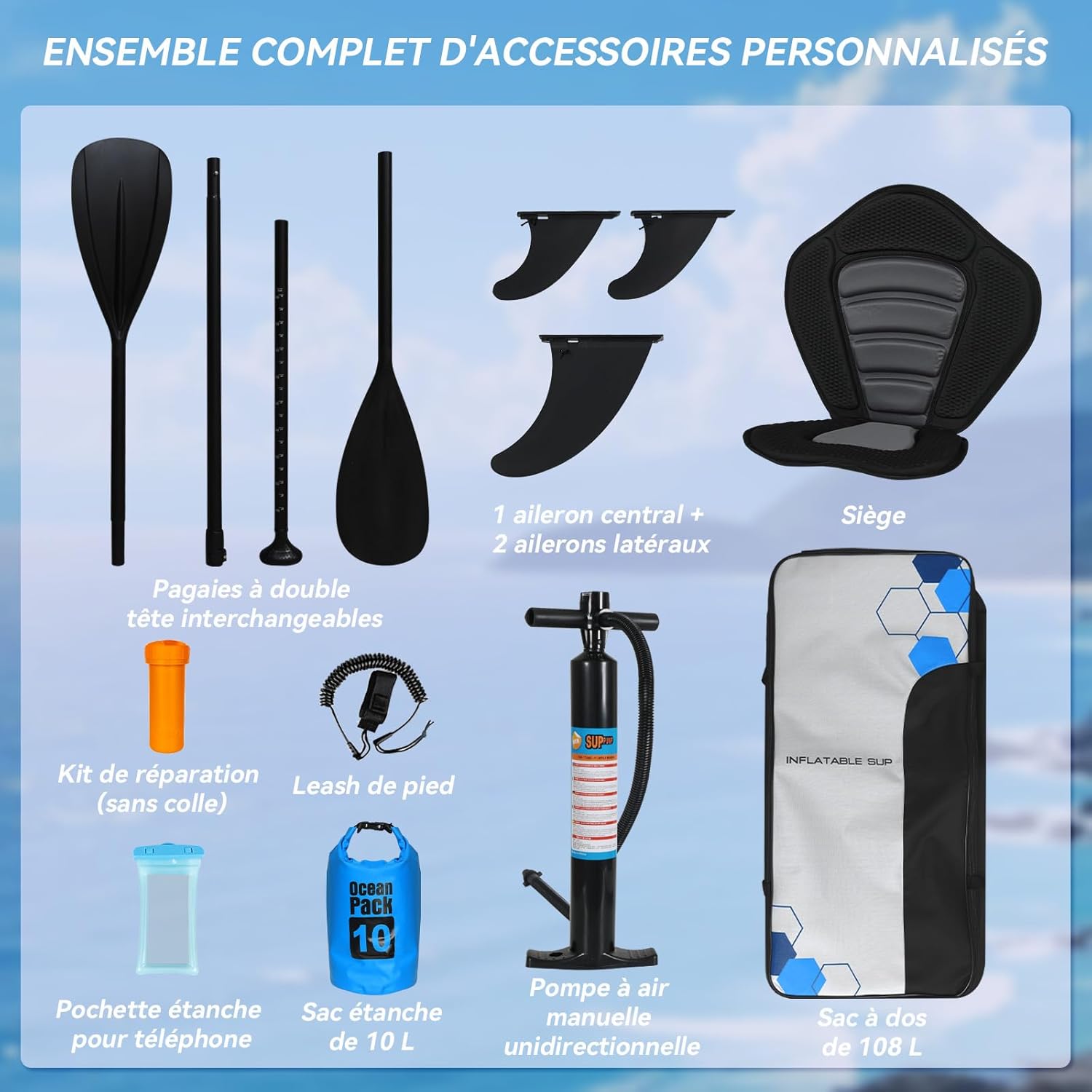 jardinite - Paddle gonflable adulte 320/335cm - 2 personnes, siège kayak, pagaie, support caméra, 150kg