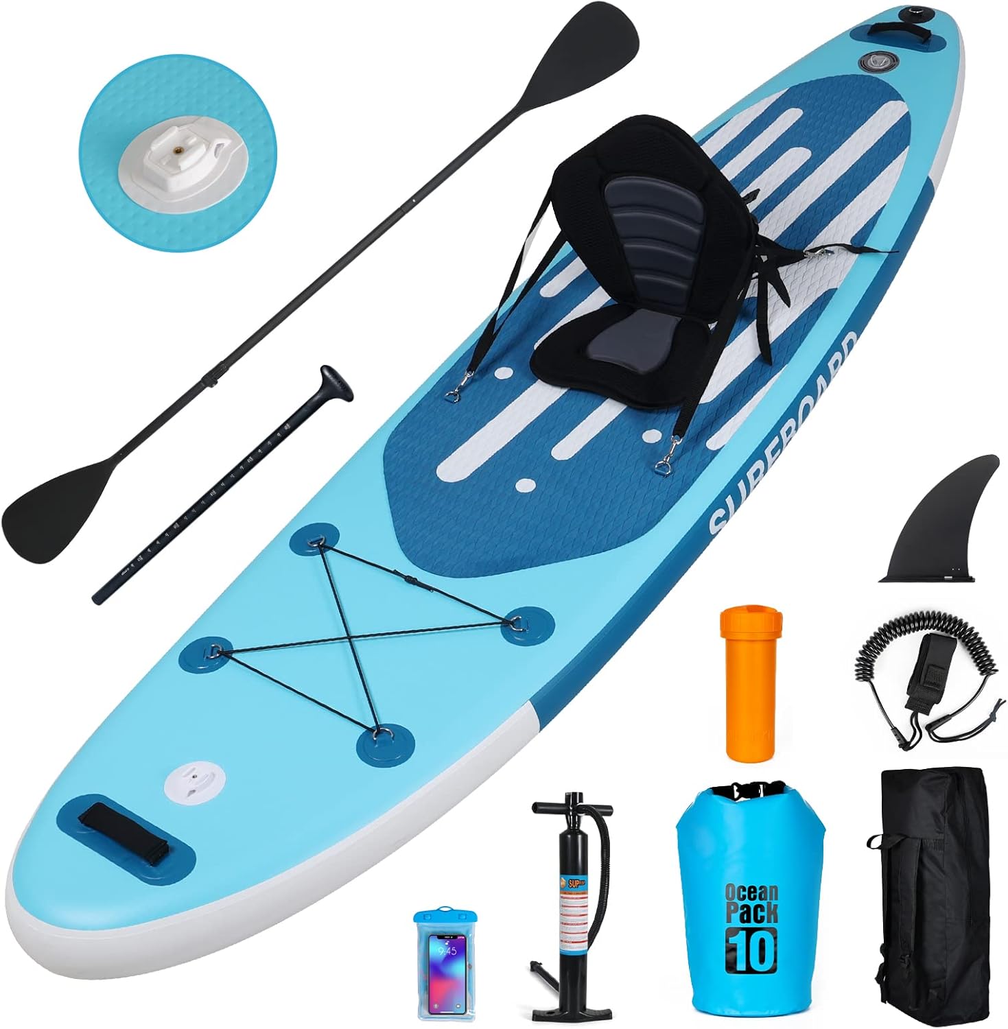 jardinite - Paddle gonflable adulte - 320/335cm - 2 places, siège kayak, pagaie alu, support caméra, jusqu'à 150kg