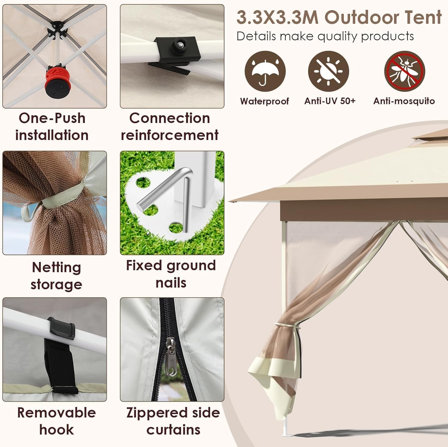 Tonnelle pliante - 3,3x3,3m - imperméable, double toit, moustiquaires